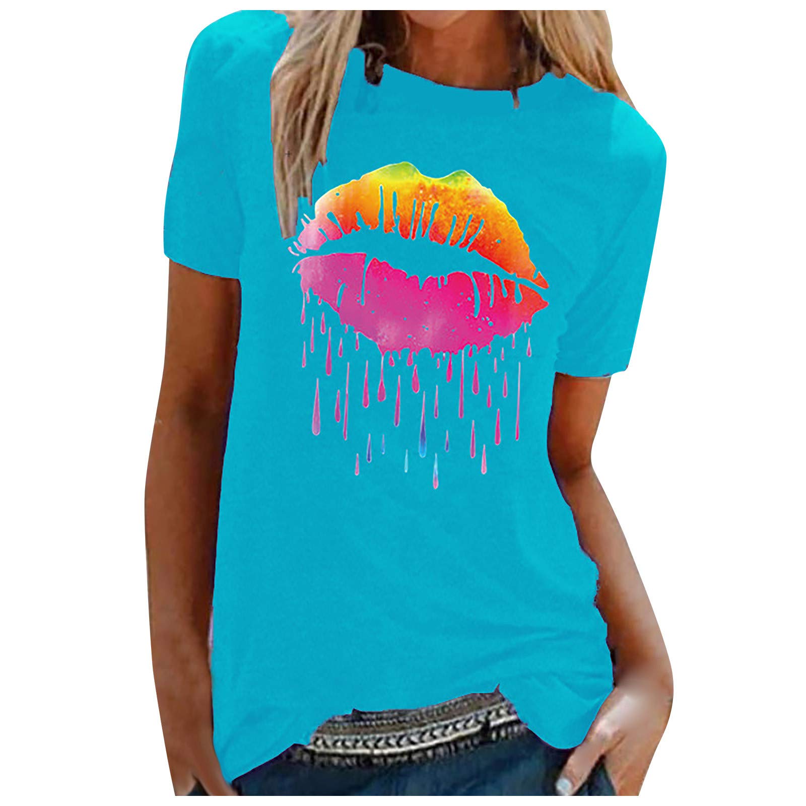 NSQFKALL Women's Colorful Lip Print Short Sleeve T-Shirt - Casual Crewneck Blouse for Summer Outfits, Streetwear & Daily Wear