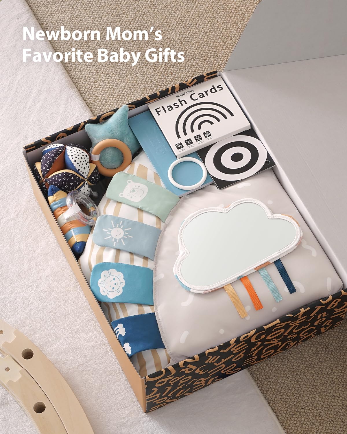 Blissful Diary Baby Play Gym & Activity Mat - 5 Developmental Zones Wooden Tummy Time Mat with 6 Detachable Sensory Toys for Infant Motor Skills & Sensory Development | Newborn Essentials, Baby Shower Gift for Boys & Girls | Perfect for Nursery, Playtime & Learning Activities