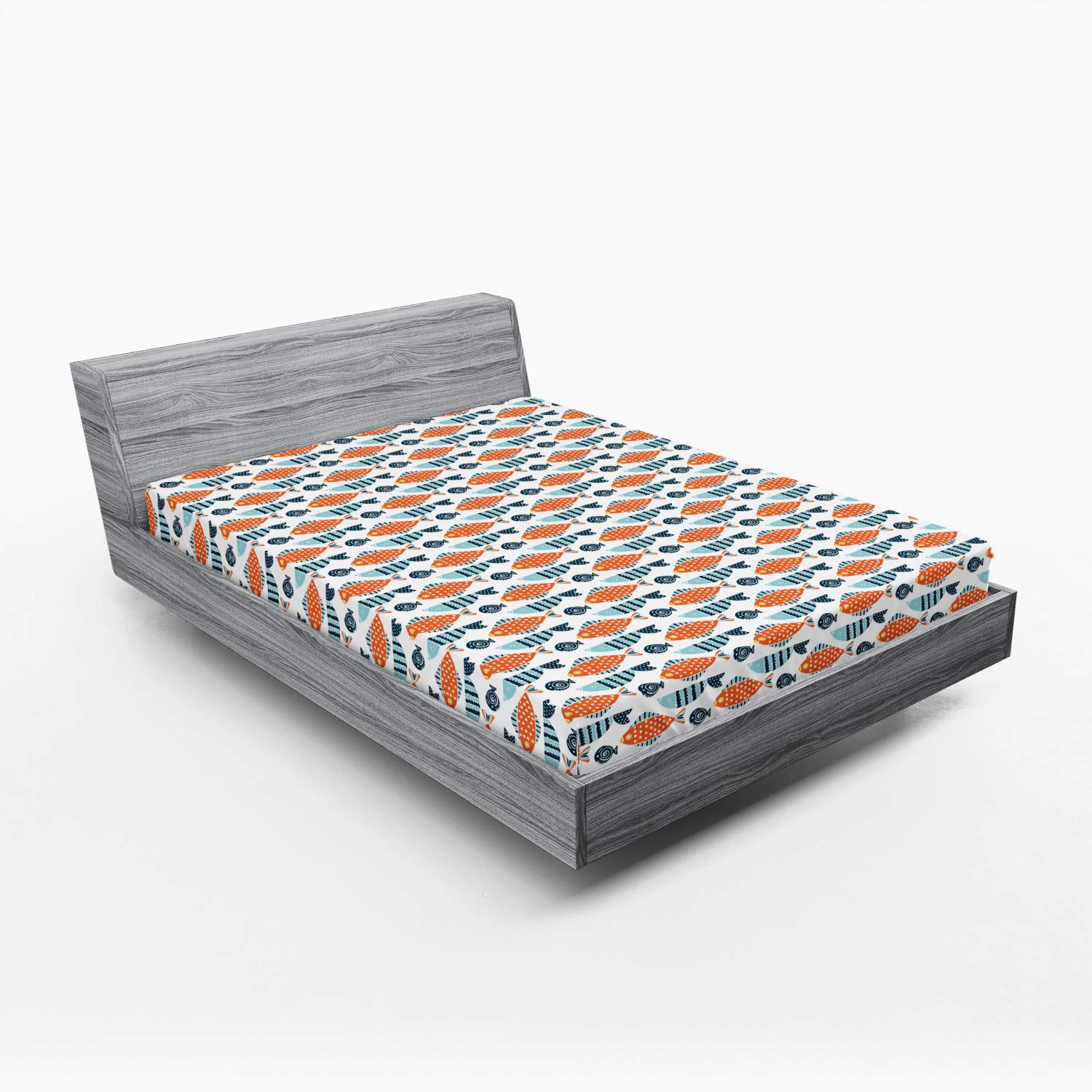 Ambesonne Queen Size Fish Fitted Sheet - Marine Cartoon Animal Print, Deep Pocket All-Around Elastic Bed Cover - White Blue Grey Orange - Perfect for Kids' Rooms, Beach Themed Bedrooms & Coastal Decor