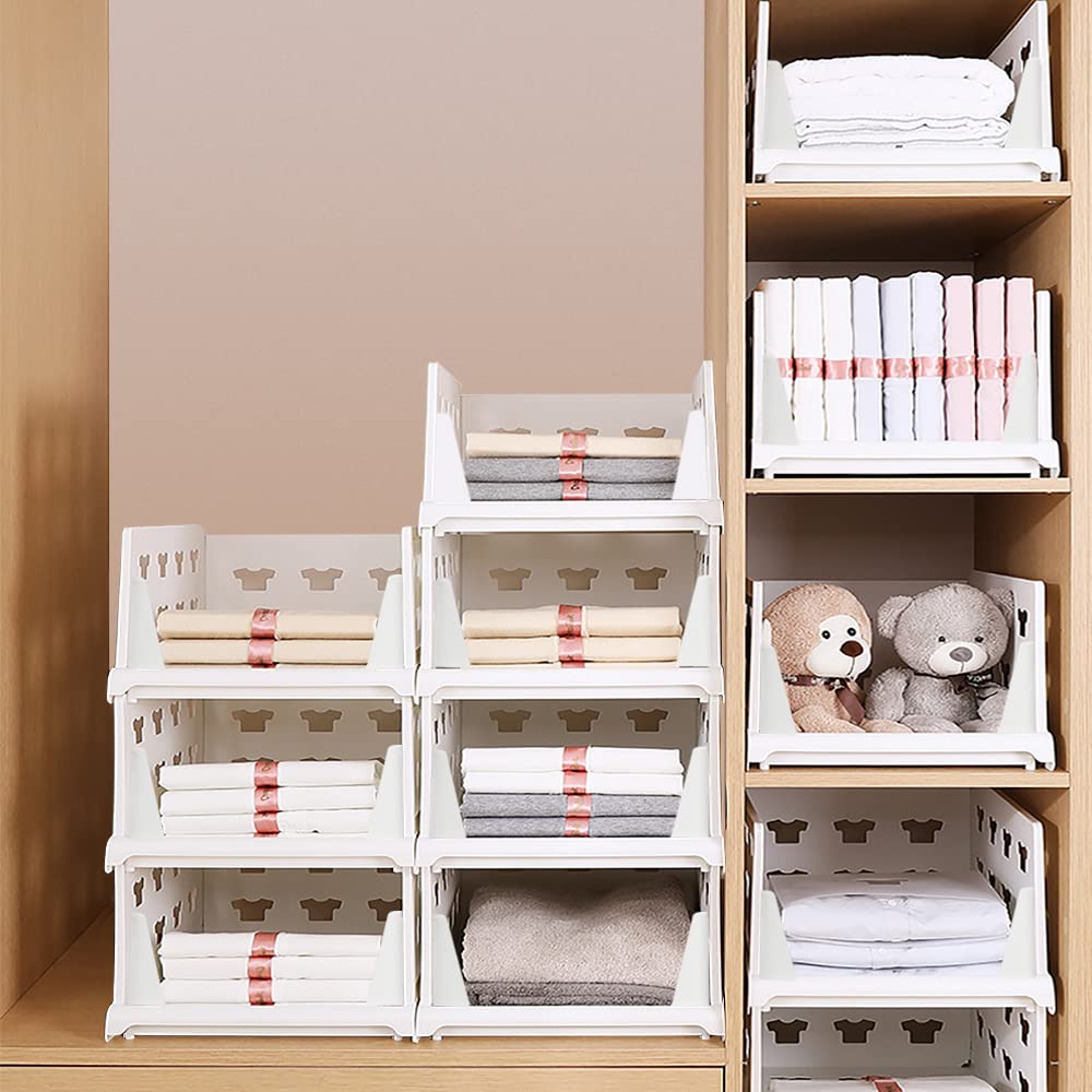 Hossejoy 4 Pack Stackable Plastic Wardrobe Closet Shelves - Foldable Clothes Drawer Organizer with Clothes Pattern - Storage Bins for Bedroom, Office, Kitchen & Bathroom Organization (White) - Perfect for Small Spaces & Closet Storage Solutions