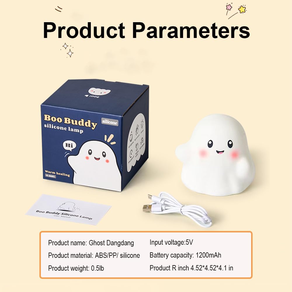 Kids Ghost Night Light - Adjustable Dimmable Silicone Nursery Lamp with 13 Interactive Sound Effects & Touch Sensor | Halloween Decor, Christmas Gift for Children (White Ghost) - Perfect for Bedrooms, Nurseries, and Holiday Decorations