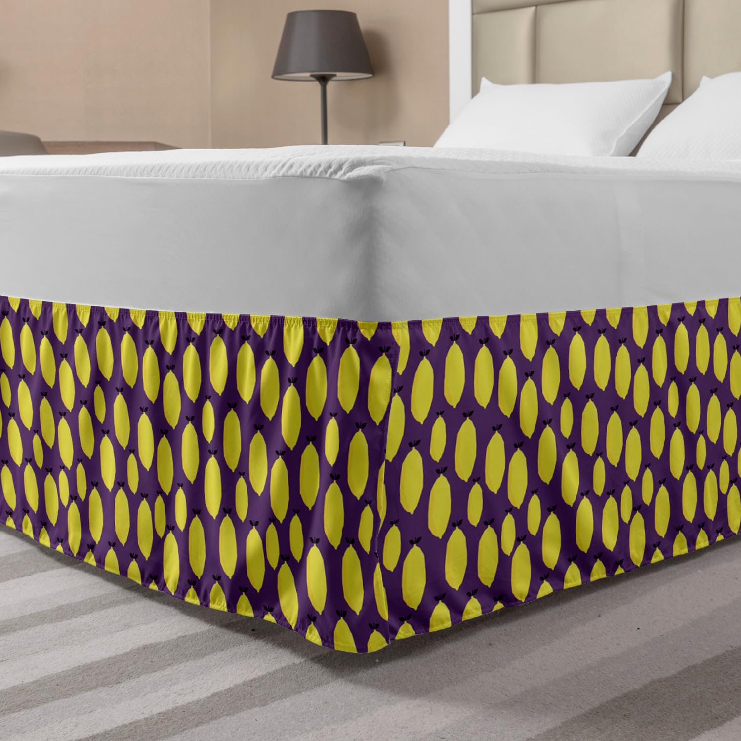 Ambesonne Purple and Yellow Cartoon Lemon Print Bed Skirt - King Size Wrap Around Elastic Gathered Design for Bedroom Decor | Perfect for Kids' Rooms, Guest Bedrooms & Modern Home Styling