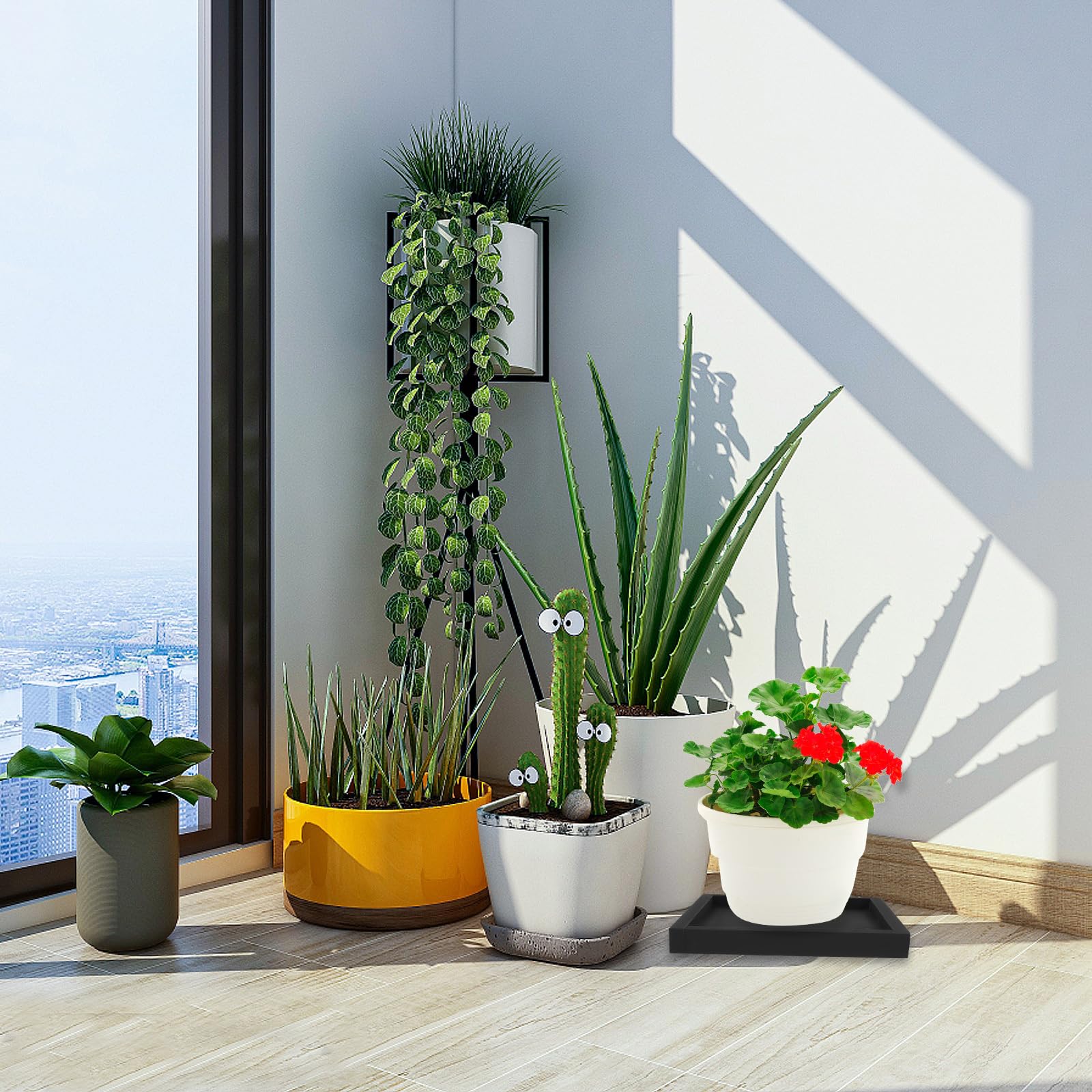 DOITOOL 7.8-Inch Square Plastic Plant Saucer Tray - Black Flower Pot Drip Tray for Indoor Outdoor Planters | Perfect for Drainage Protection Under Potted Plants on Decks, Patios, and Windowsills