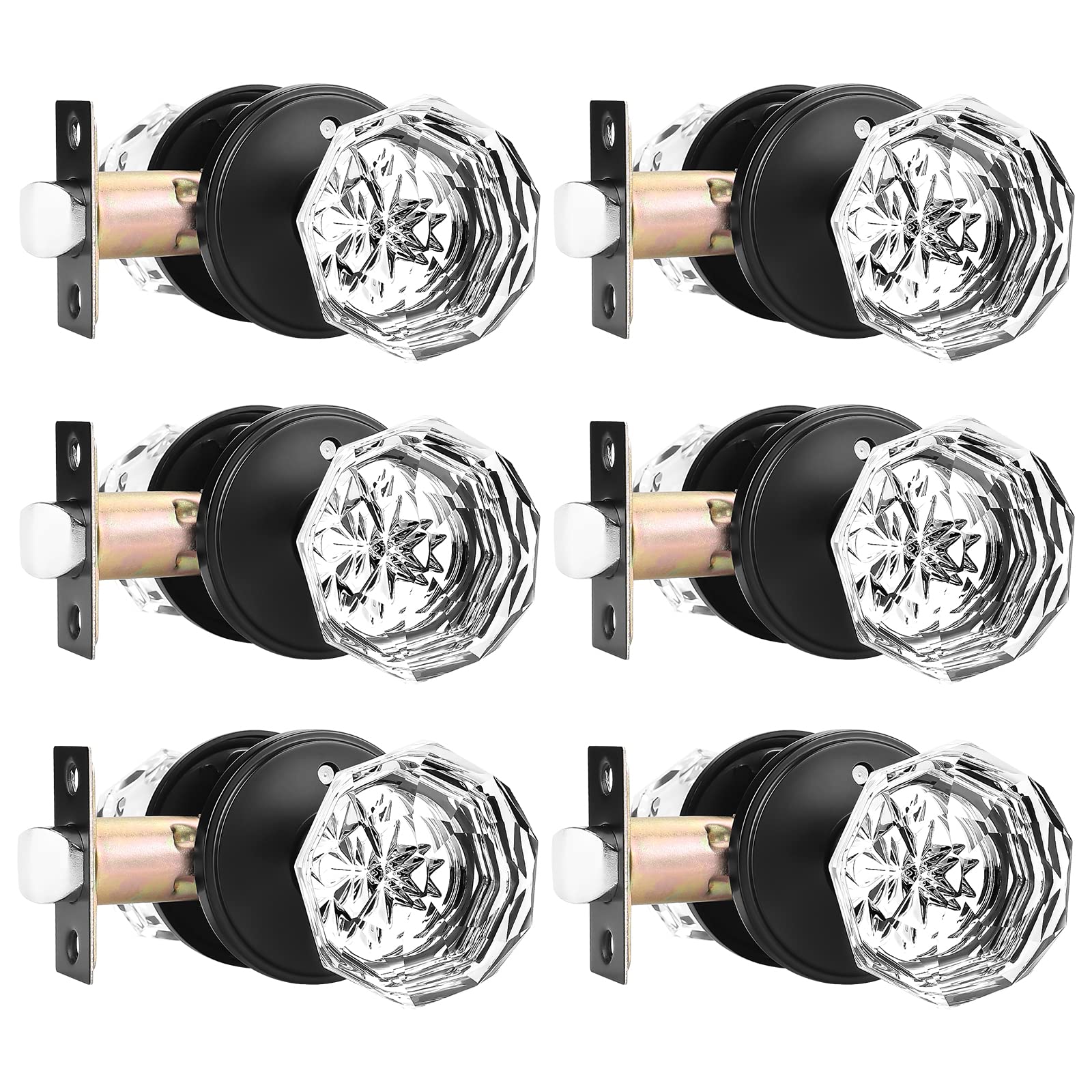 6 Pack Glass Door Knobs with Flat Black Rosette - Keyless Privacy Interior Door Handles for Bedroom & Bathroom - Diamond Crystal Glass Knobs with Zinc Alloy Base - Perfect for Home, Office, and Commercial Spaces