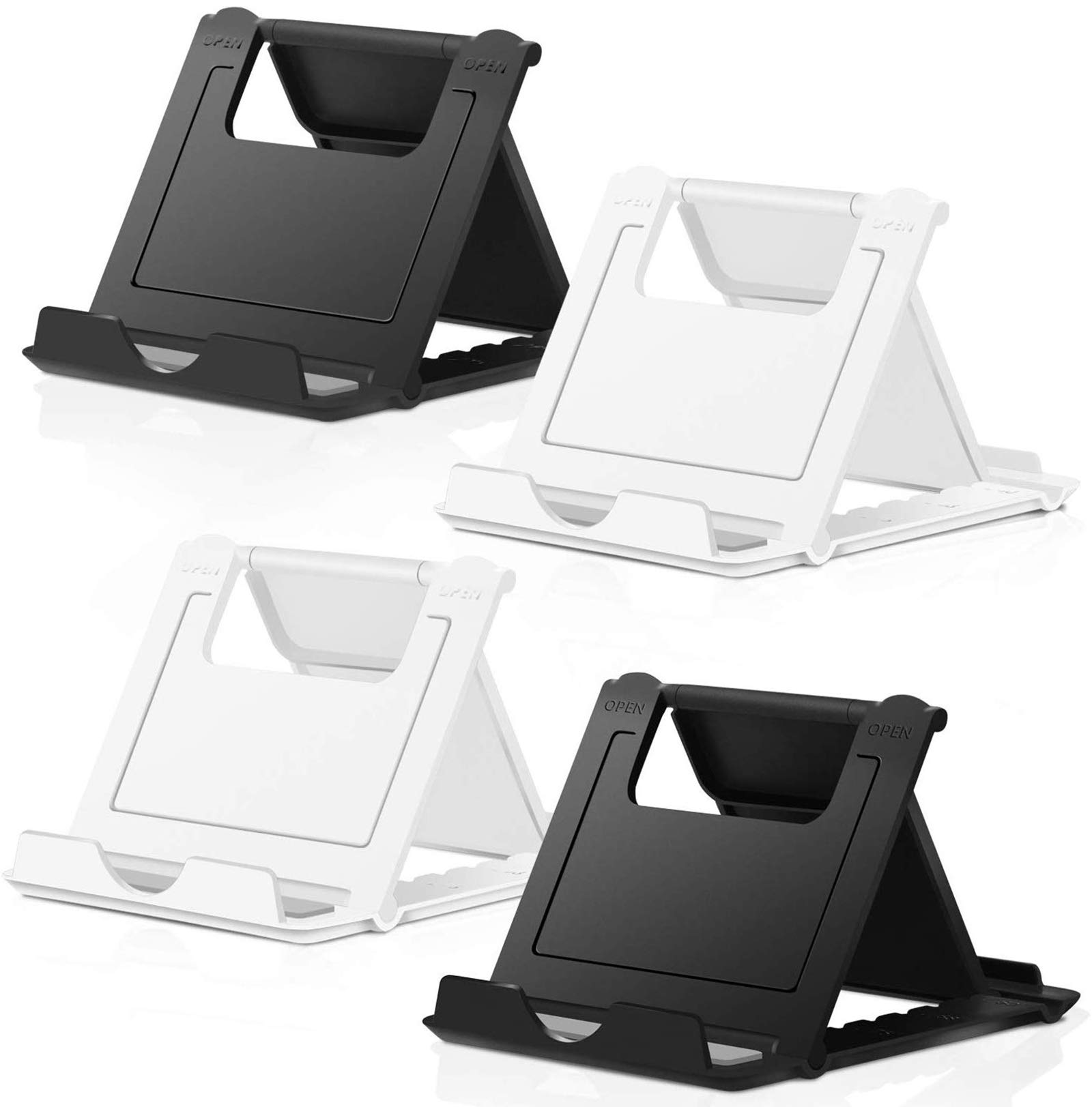 COOLOO 4-Pack Multi-Angle Cell Phone & Tablet Stand - Universal Desk Holder Compatible with iPhone 13/12/Pro/Plus & All Android Smartphones (Black+White) - Perfect for Work, Study, Video Calls & Hands-Free Viewing