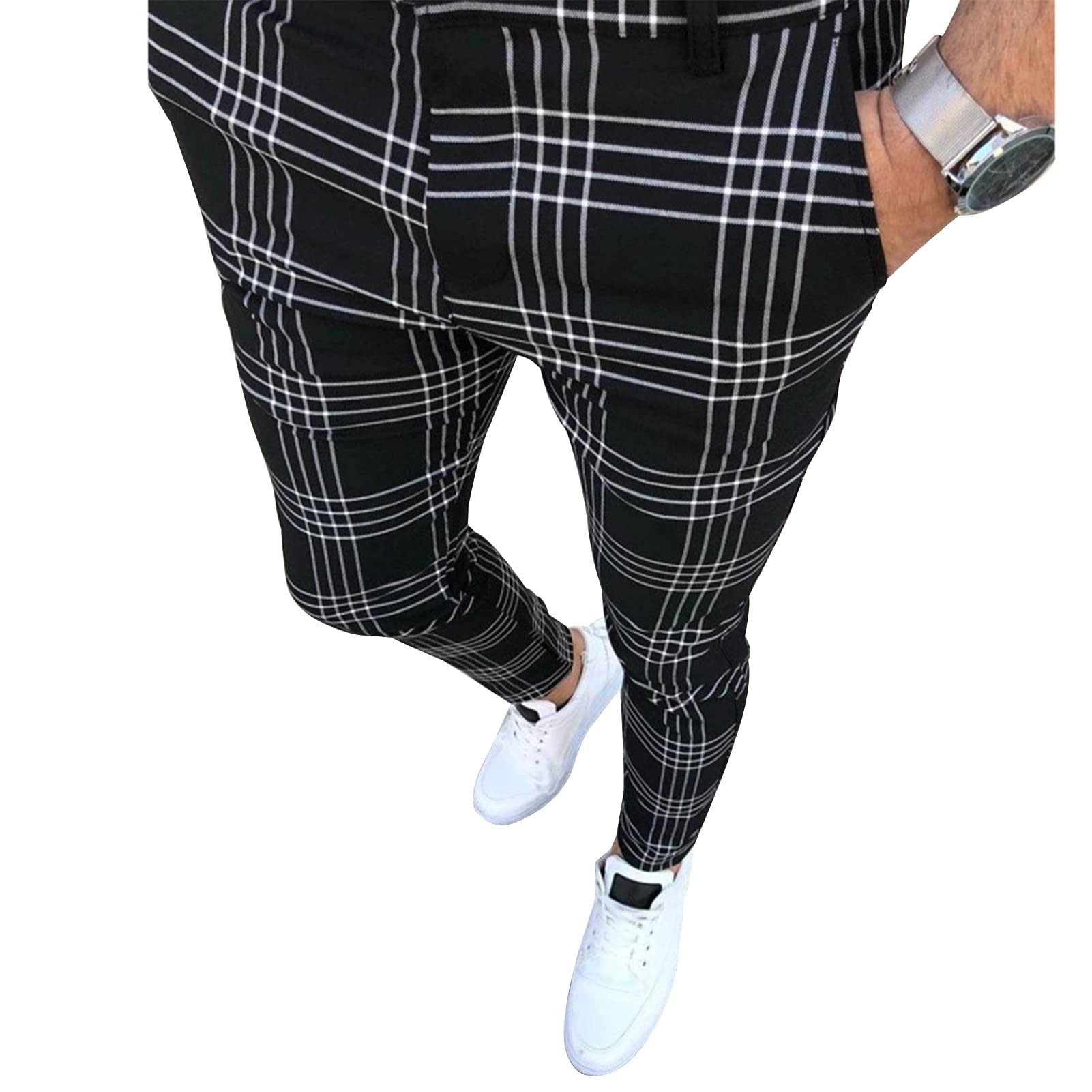 **Men's Slim Fit Stretch Dress Pants - Business Casual & Golf Plaid Pants for Office, Travel & Outdoor Activities**