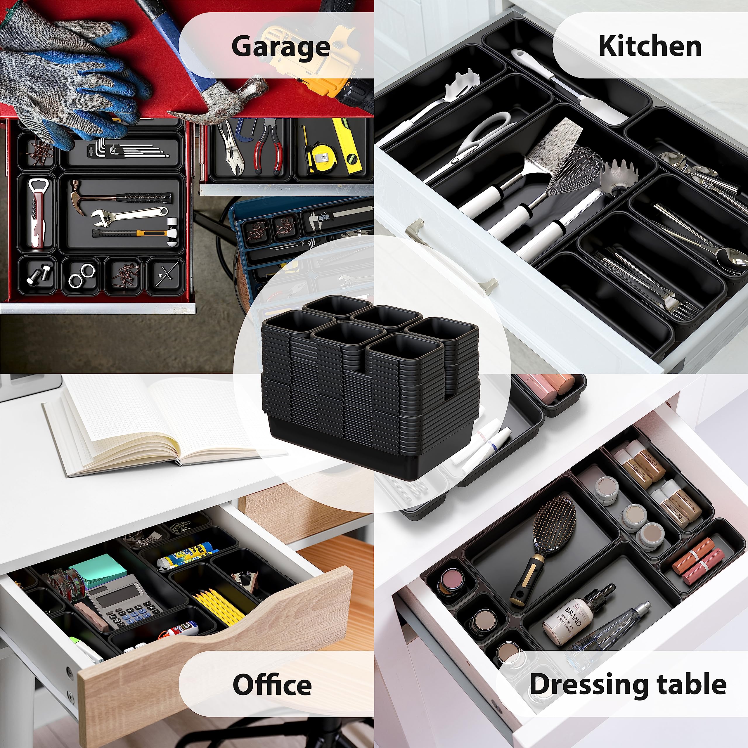 Interlocking Desk Drawer Organizer Bins - 10 Pack Black | Stackable Storage Containers for Office, Kitchen, Bathroom & Closet Organization