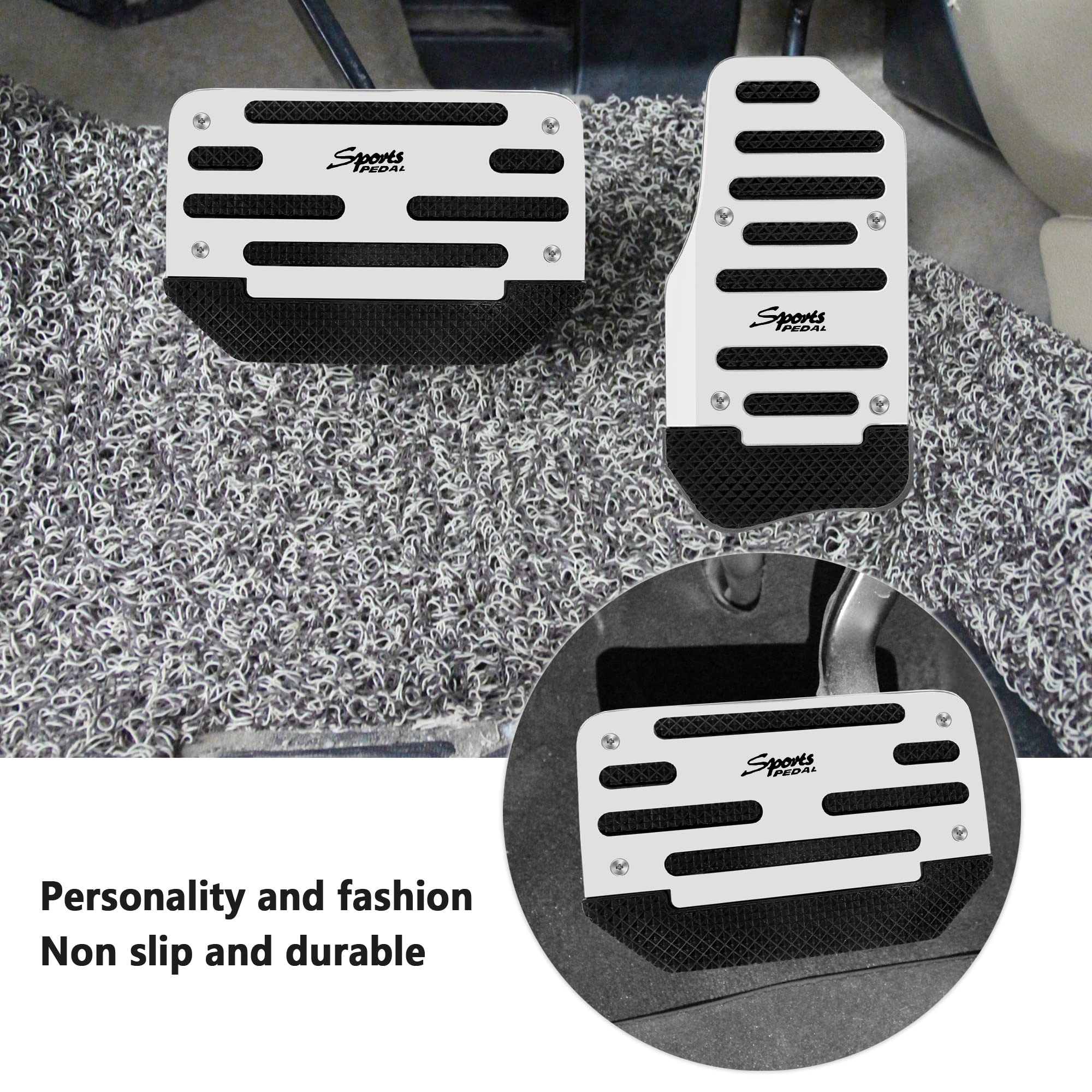 2PCS Non-Slip Auto Pedal Covers - Aluminum Alloy Gas & Brake Pedals for Sporty Car Decor & Safety (Silver) - Perfect for Driving Comfort
