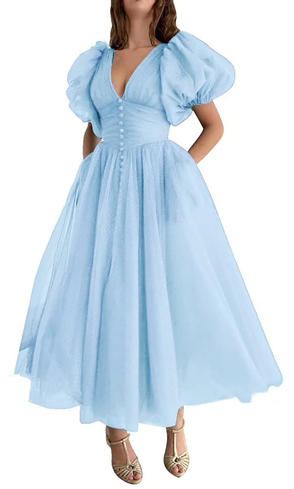 Elegant Puffy Sleeve Prom Dress for Women - Long V-Neck Dotted Tulle Ball Gown with Pockets | Formal Evening Dress for Homecoming, Wedding Guest & Special Occasions