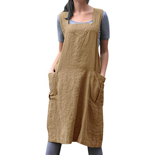 Plus Size Women's Cotton Linen Pinafore Dress - Casual Bib Apron with Pockets for Gardening, Cooking & Outdoor Work (Khaki, XXL) | Comfortable Cross Back Overalls for Plus Size Women
