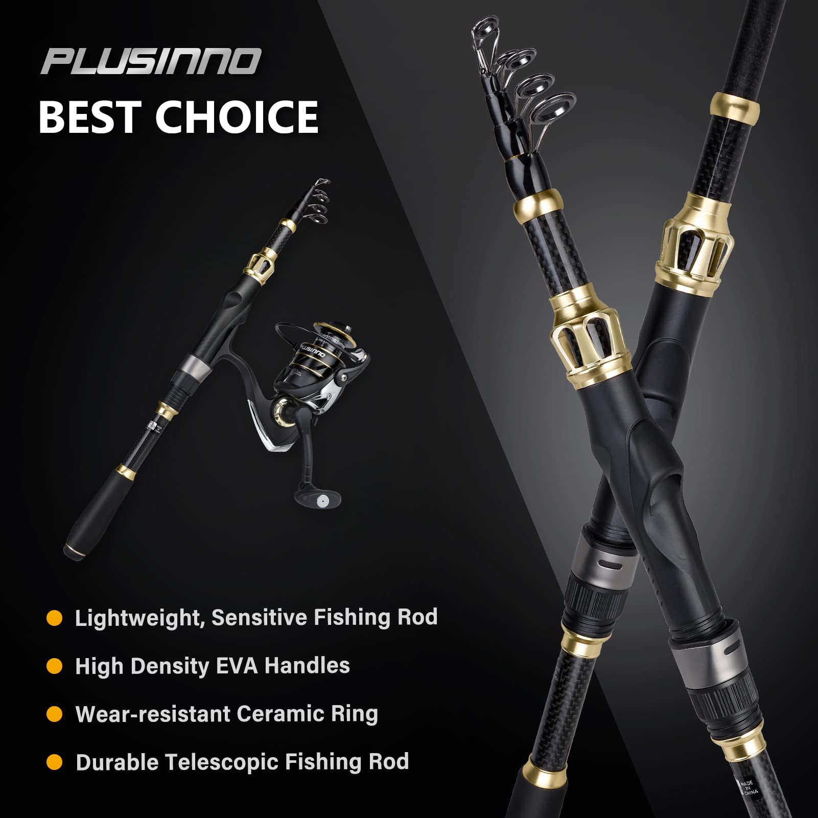 PLUSINNO Telescopic Fishing Rod and Reel Combo Kit with Spinning Reel & Carrier Bag - Lightweight Portable Fishing Pole for Freshwater & Saltwater Fishing - Perfect for Men & Women Anglers (Great for Travel, Camping & Shore Fishing)
