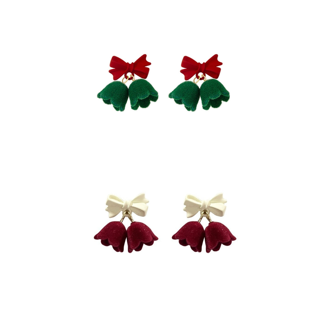 Velvet Jingle Bell Cute Bow Christmas Drop Earrings for Women - Festive Holiday Party Jewelry Gift (LM1778) | Perfect for Christmas Parties, Office Celebrations & New Year's Eve Events