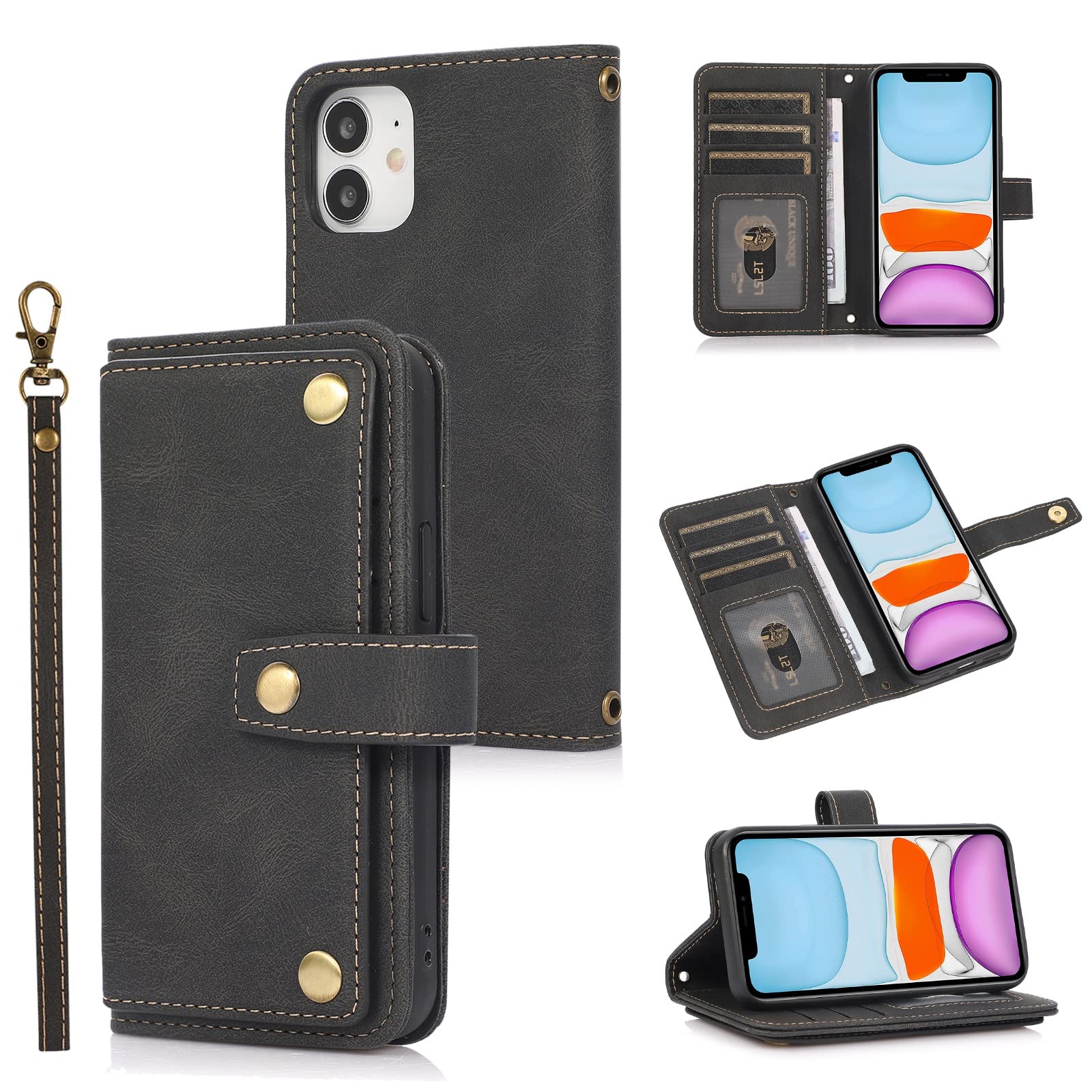 Premium PU Leather Flip Case for iPhone 11 Pro Max - Shockproof Protective Cover with Built-in Card Holder & Wrist Strap | Wallet Phone Case for Women & Men | Perfect for Travel, Shopping & Everyday Use