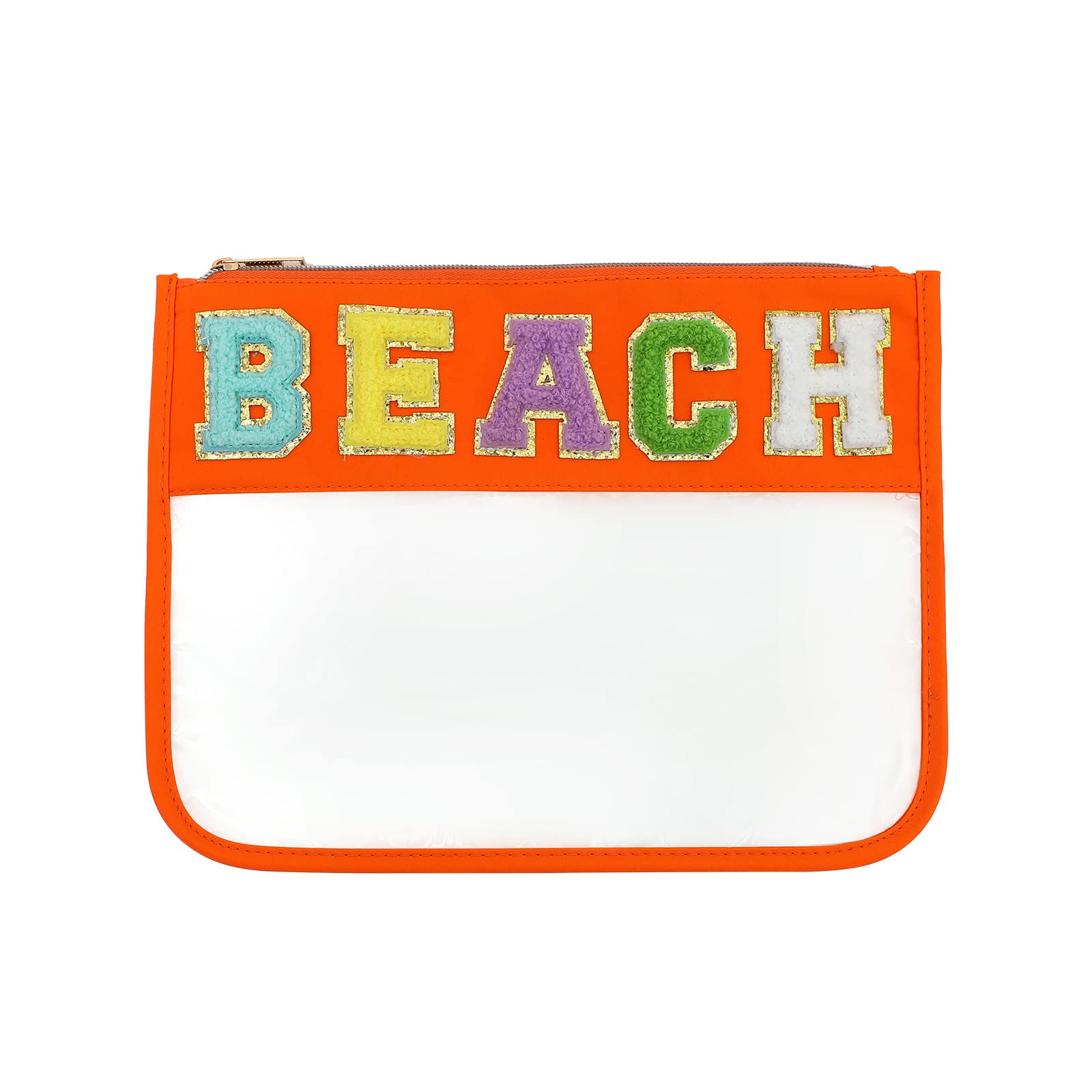 BCRMPT Chenille Letter Clear Flat Pouch - Multi-Purpose PVC & Nylon Cosmetic Bag with Zipper for Women | Waterproof Travel Makeup Organizer | Perfect for Gym, Beach, School & Daily Essentials (Tangerine-Beach)