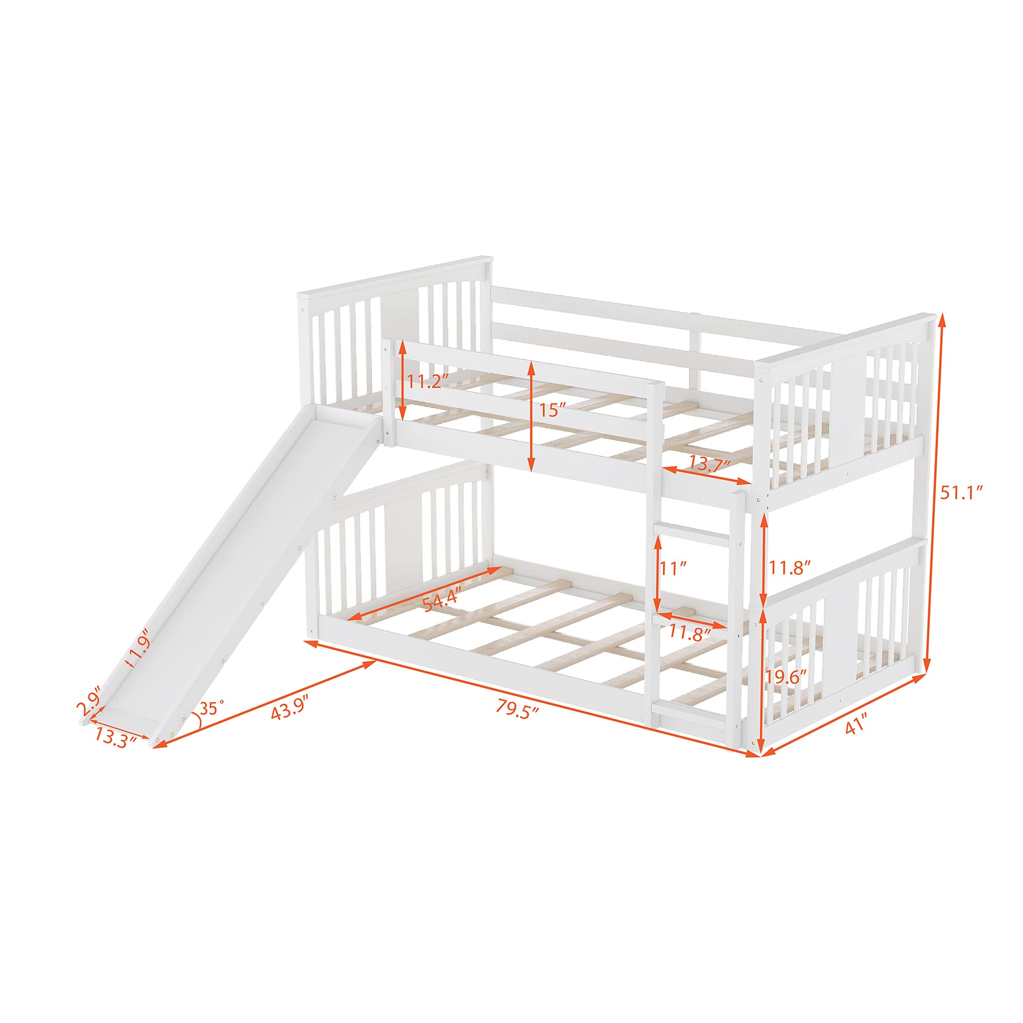Low Twin Over Twin Bunk Bed with Slide - Solid Wood Kids Bunk Bed with Safety Guardrail, Ladder, Headboard & Footboard - Perfect for Toddlers, Children & Teens (White Finish) - Ideal for Small Bedrooms, Shared Kids Rooms & Vacation Homes