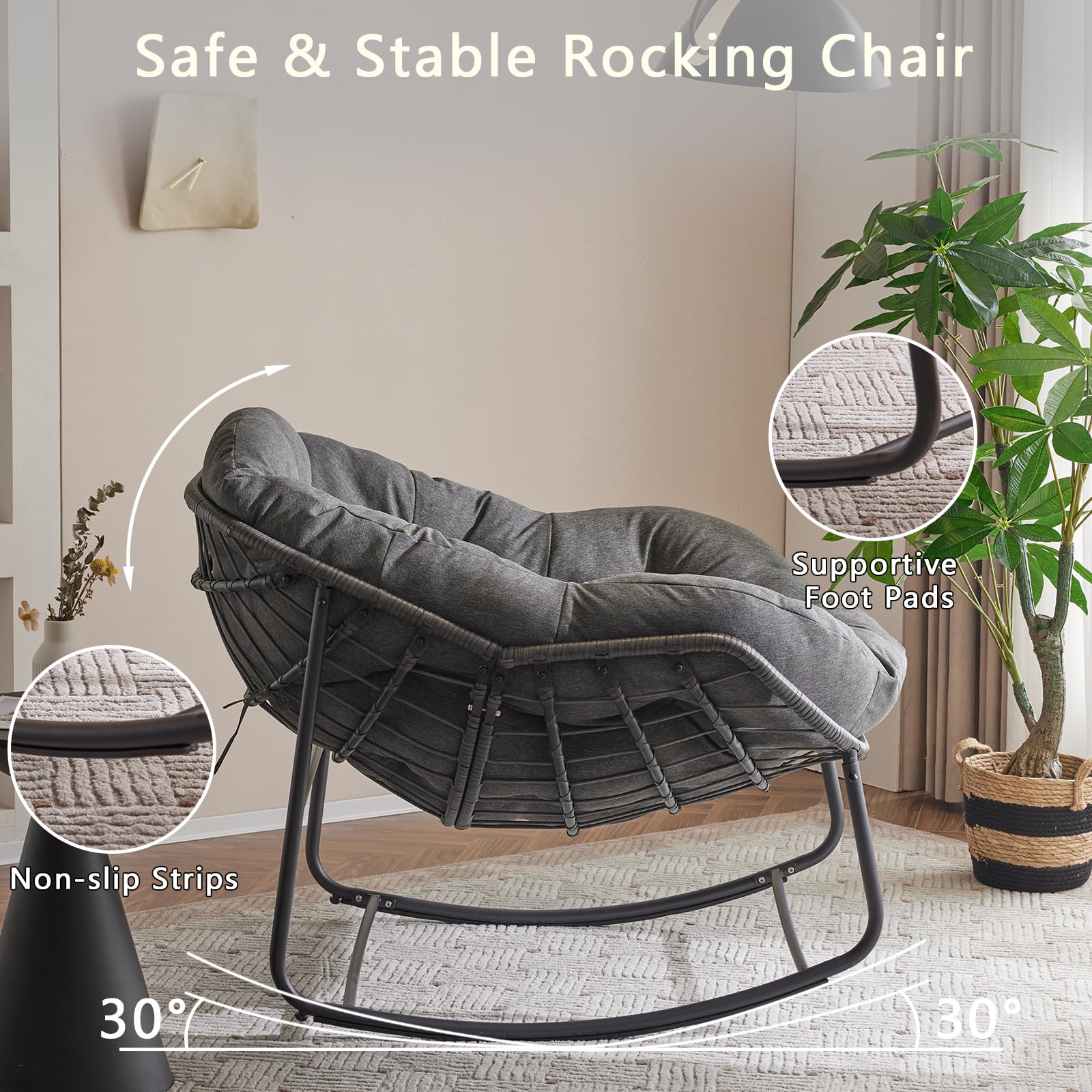 Papasan Rocking Chair with Thick Cushion - Indoor/Outdoor Comfy Patio Chair with Upgraded Steel Frame & Oversized Wicker Design - Perfect for Front Porch, Garden, Bedroom, Living Room (Grey) - Ideal for Relaxing, Reading & Sunbathing