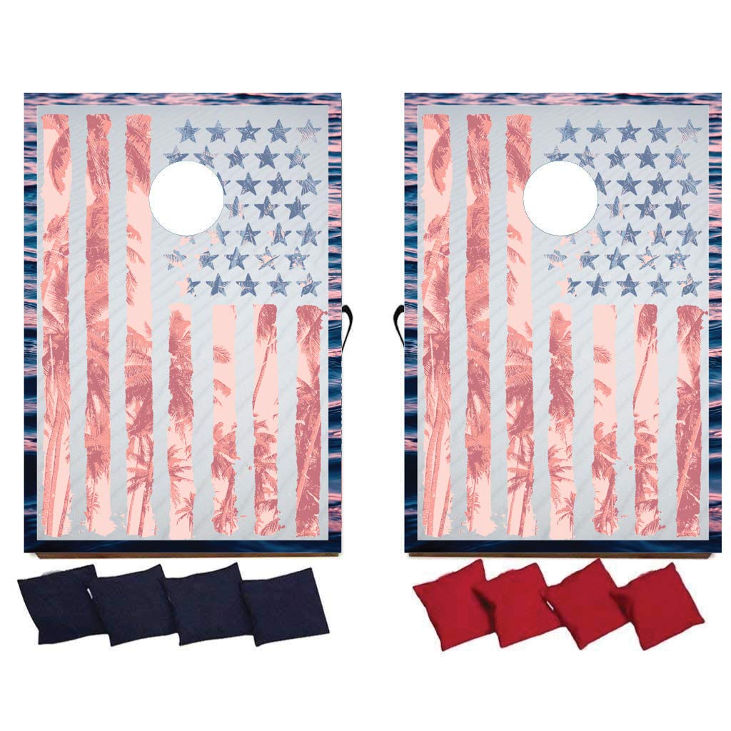 VictoryStore Tropical American Flag Cornhole Game Set - Patriotic Outdoor Bag Toss with 8 Bean Bags & Wooden Boards - Perfect for Backyard BBQs, Tailgating, and 4th of July Parties