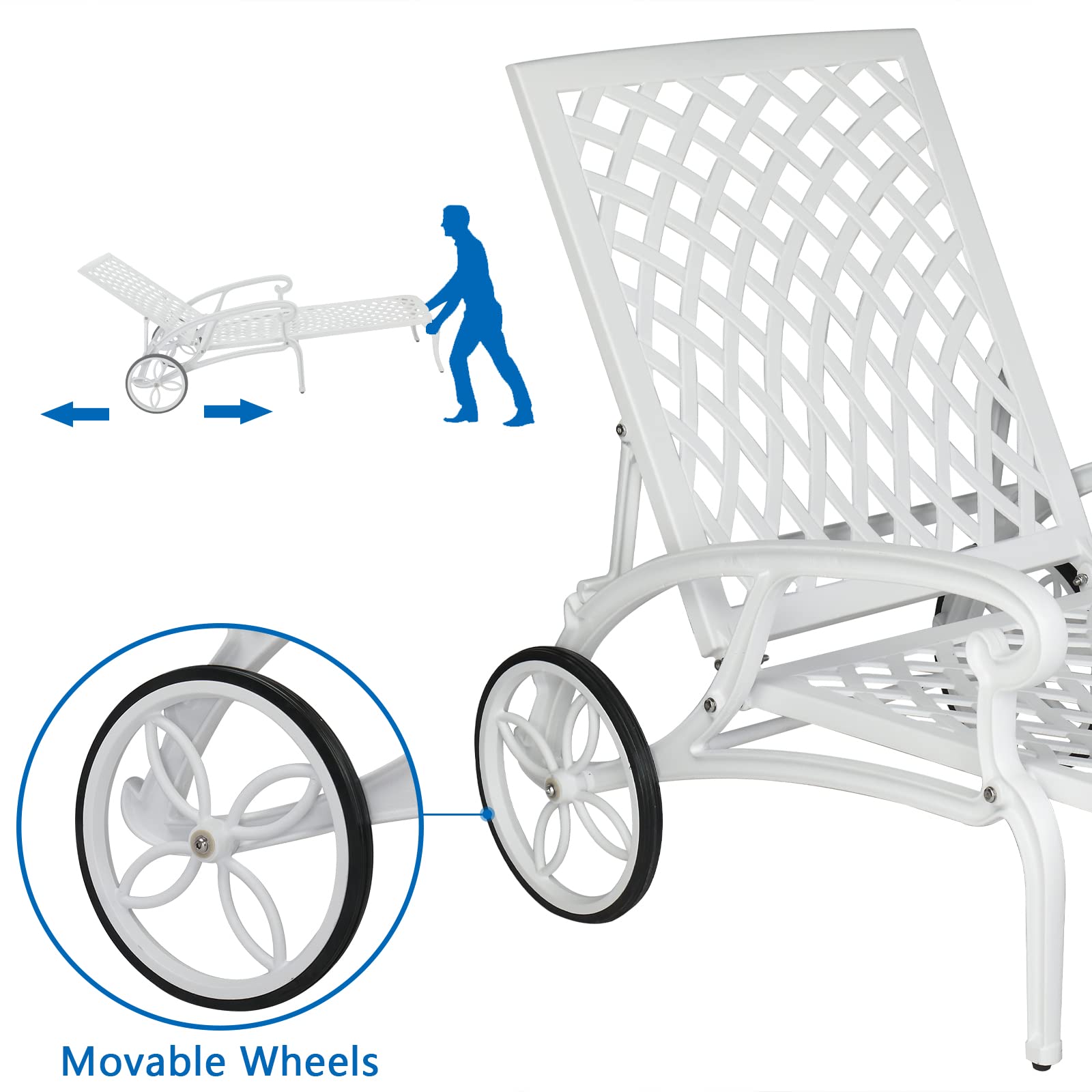 VINGLI White Cast Aluminum Outdoor Chaise Lounge Chair with Wheels - 3-Position Adjustable Backrest, Patio Tanning Chair for Poolside, Beach & Backyard Relaxation (Cushion Not Included)