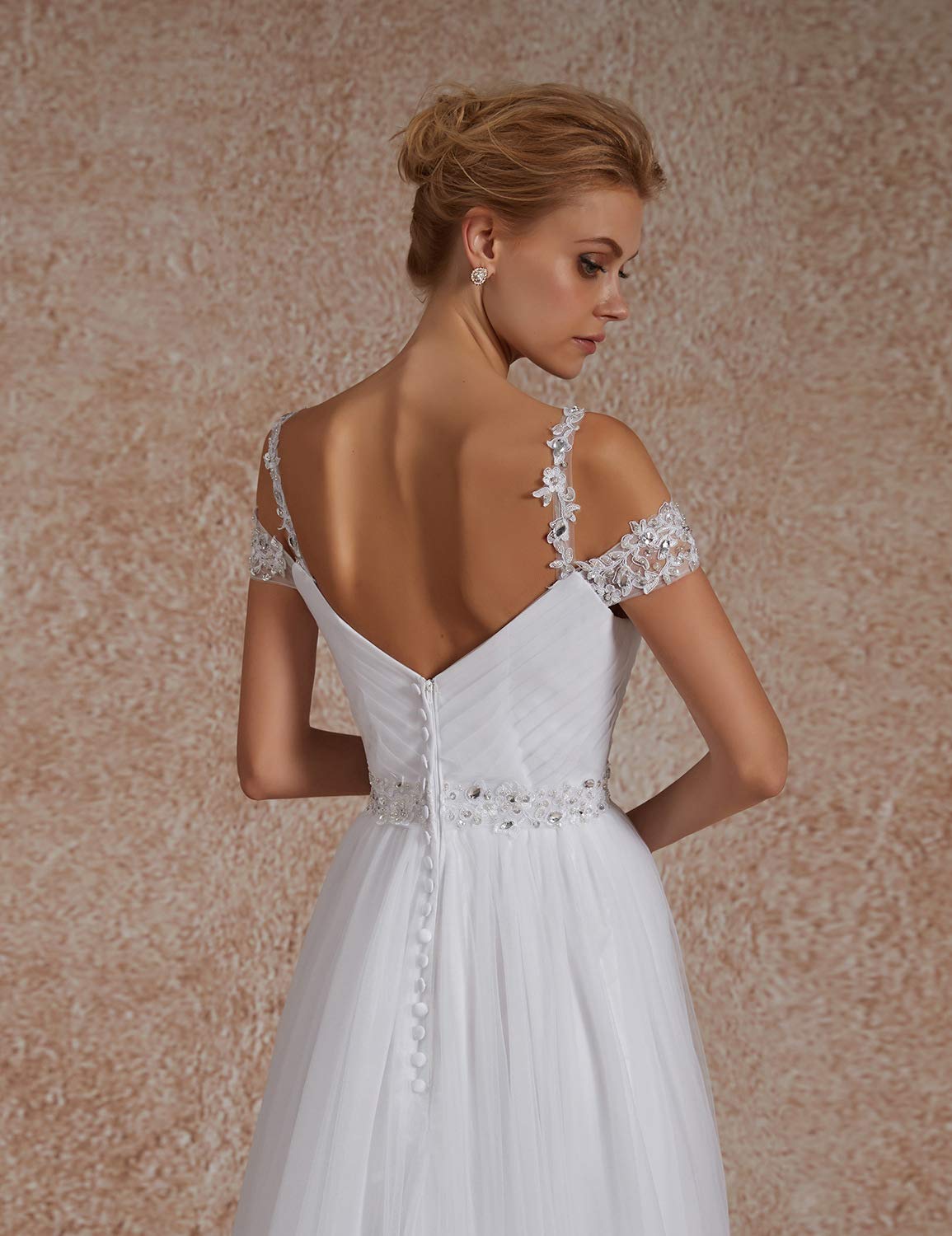 Elegant A-Line Off Shoulder Beaded Wedding Dress for Bride - 2019 Style 102WD | Perfect for Beach, Garden & Church Ceremonies