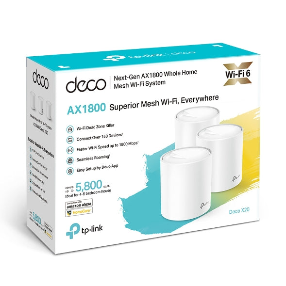 Deco X20 AX1800 Whole Home Mesh Wi-Fi 6 System - Seamless Coverage for Smart Homes, Gaming & 4K Streaming | Easy Setup for Large Houses & Offices