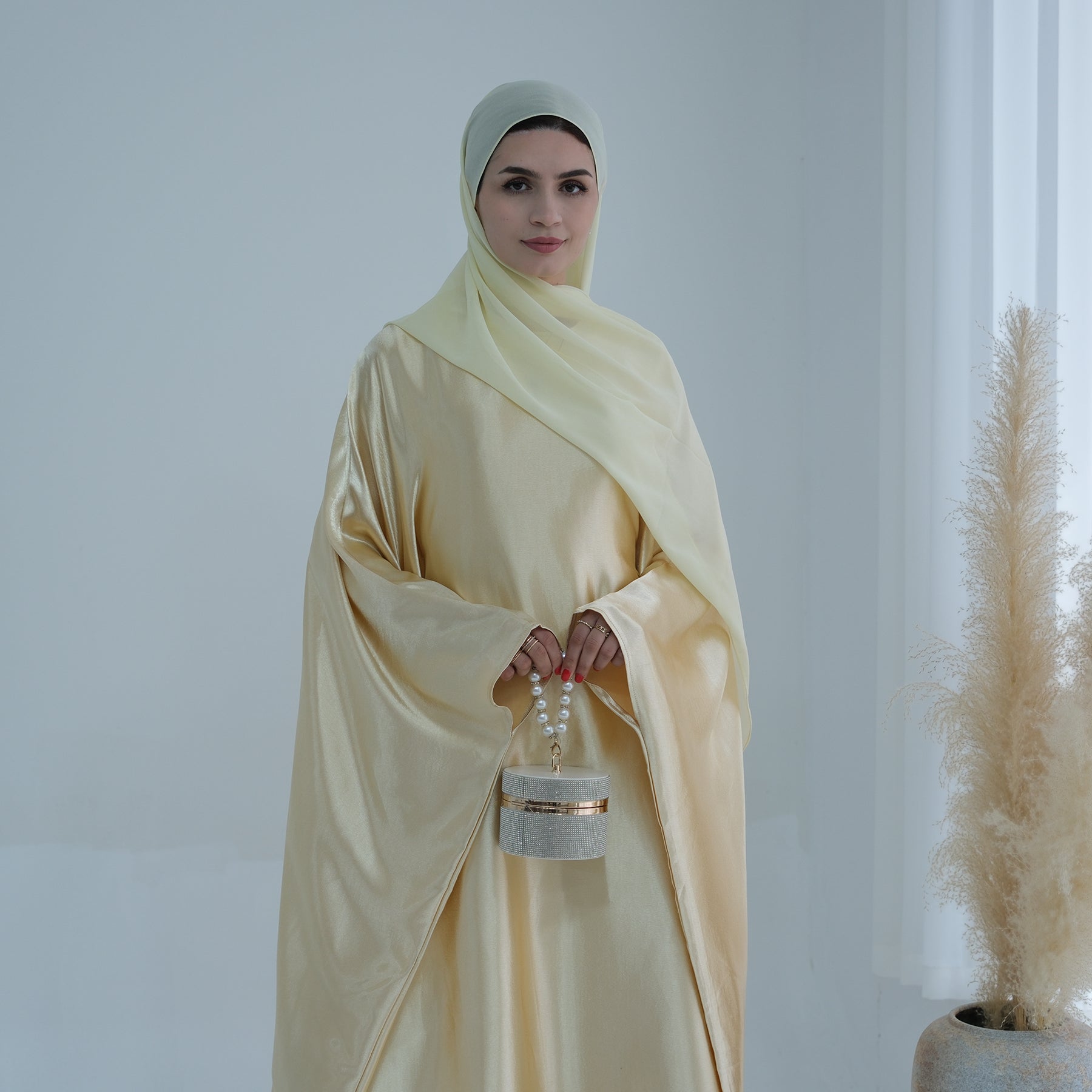 Elegant Alisha Butterfly Satin Abaya Dress - Yellow Gold Islamic Prayer Gown for Women | Perfect for Eid, Ramadan, Wedding & Special Occasions