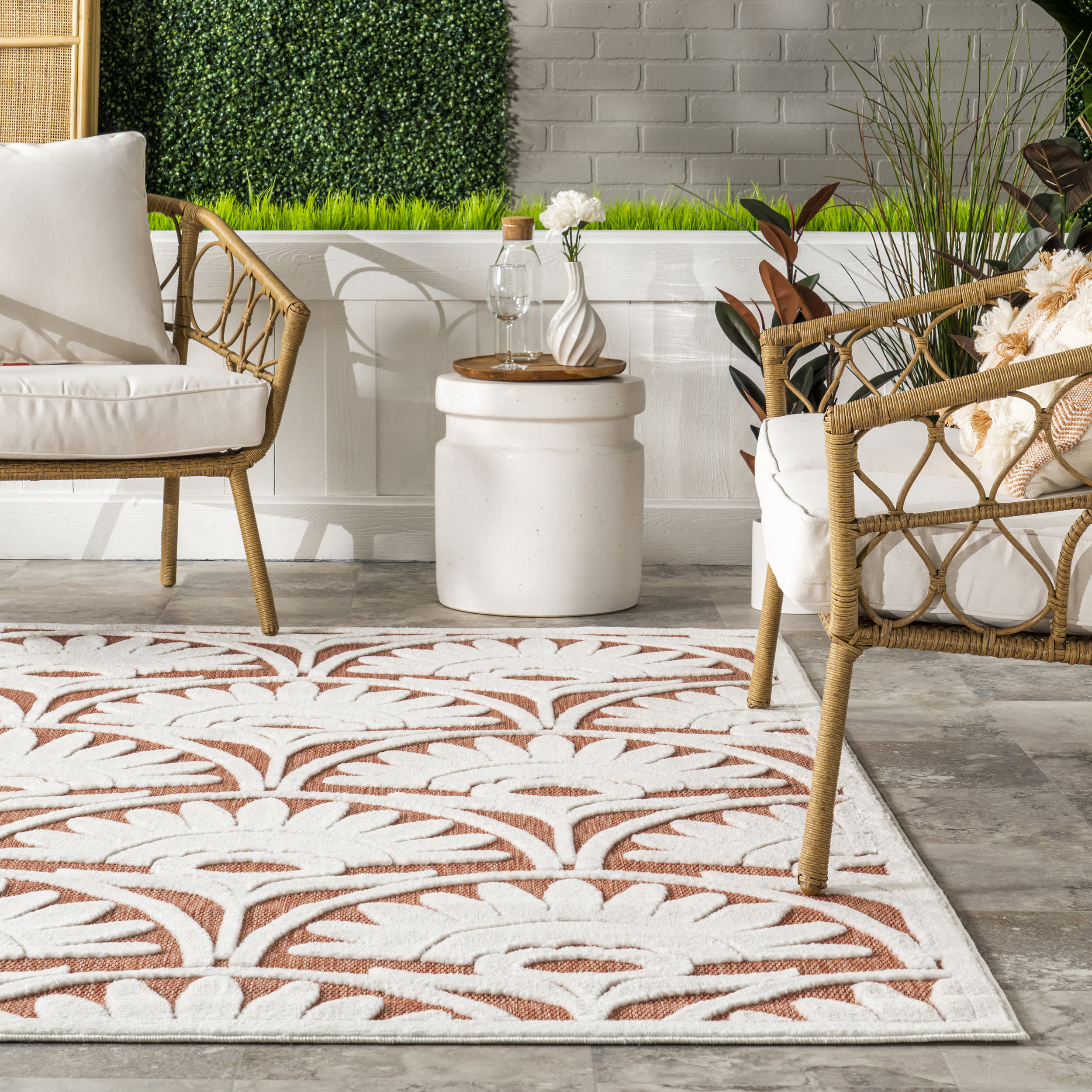 Annis Anthemion Indoor Outdoor Rug - Brick Red Non-Slip Area Rug for Living Room, Bedroom, Patio - Durable & Stylish Home Decor Carpet