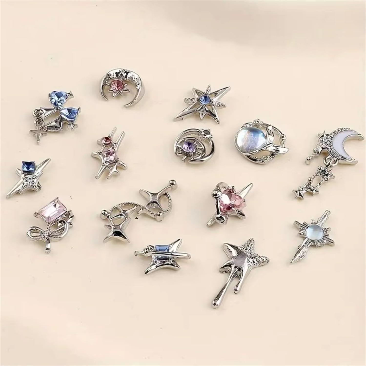 16 Styles Cute Moon & Star Y2K Nail Charms - Silver Alloy Luxury Dangle Charms for Acrylic Nails, Nail Gems & Rhinestones - Shiny Crystal Metal Nail Art Jewelry Supplies for DIY Manicure - Perfect for Parties, Weddings & Salon Nail Designs