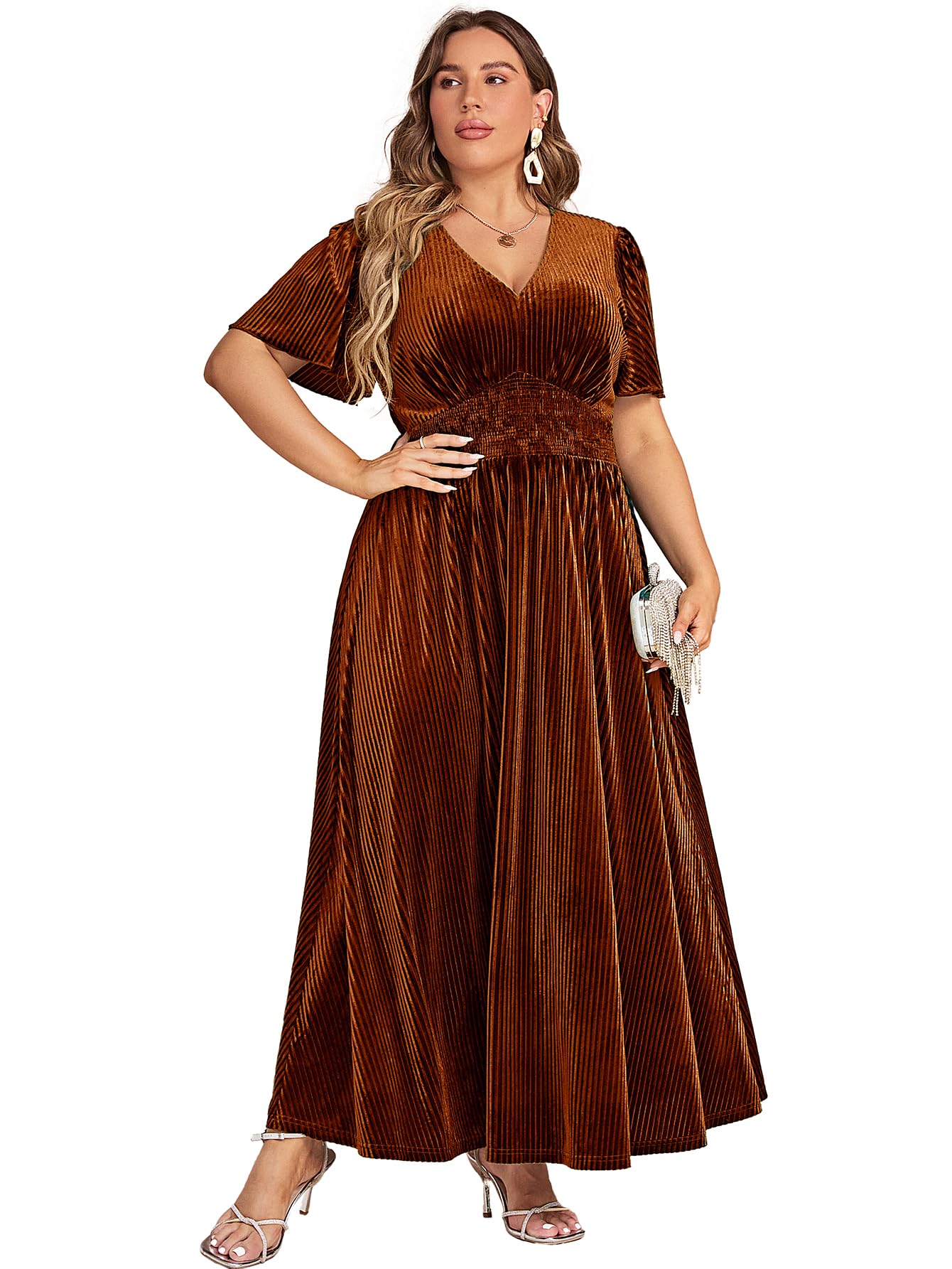 Simplee Women’s V Neck Velvet Maxi Dress - Short Sleeve Empire Waist Formal Gown for Wedding Guest, Party, Evening Events & Special Occasions