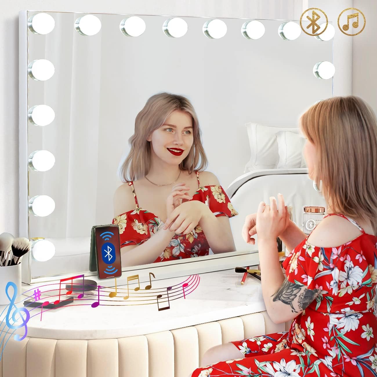 **Hansong Extra Large Hollywood Vanity Mirror with Lights & Bluetooth - 18 LED Bulbs, 3 Color Lighting Modes, USB Charging - Tabletop or Wall Mount Makeup Mirror for Dressing Room, Salon, and Home Decor**