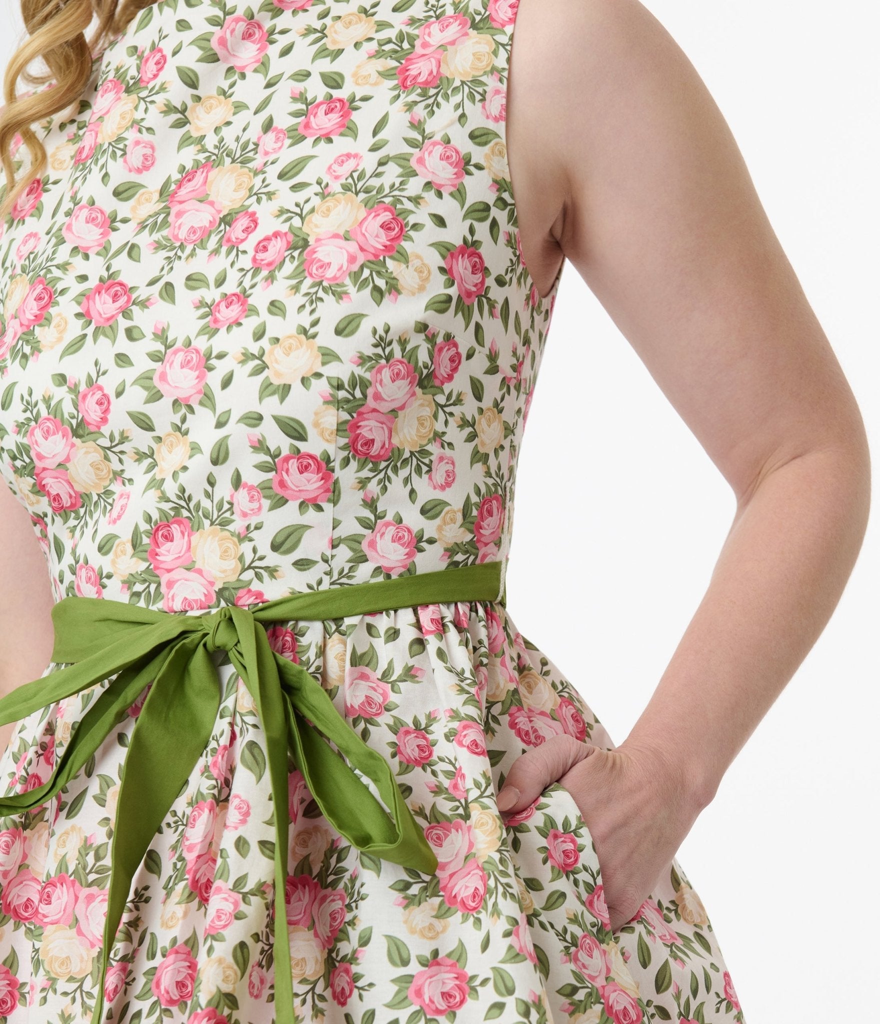 Vintage 1950s Pink & Green Floral Swing Dress - Sleeveless Cotton Summer Dress for Women | Retro Cocktail Party, Garden Wedding & Tea Dress