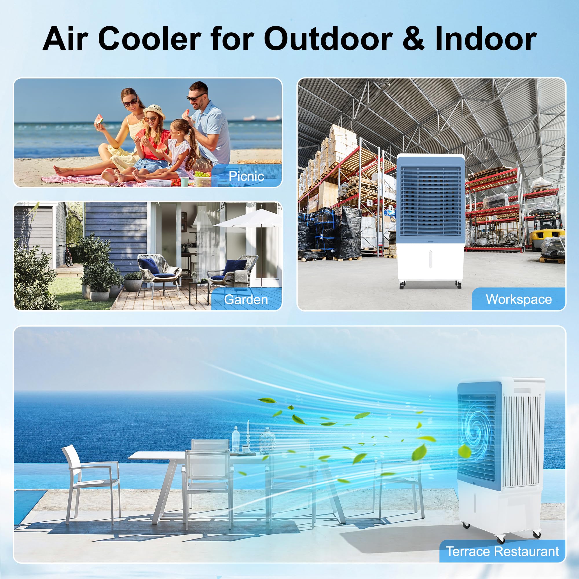 6000CFM Evaporative Air Cooler with 13.5-Gallon Water Tank - Portable Swamp Cooler with Silver Ion Technology, Water Level Alarm & 12H Timer - Indoor Outdoor Cooling for Garage, Patio, Workshop, and Home Use (47 Inches)