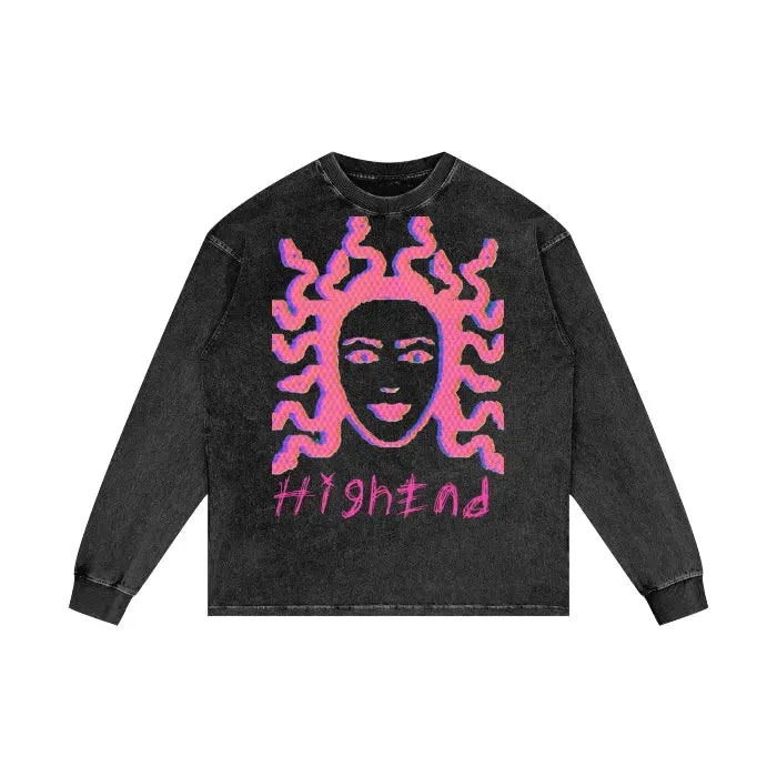 Acid Wash Oversized Long Sleeve T-Shirt | 250 GSM Premium Medusa Print Streetwear | Casual Outfit, Festival Fashion, Gothic Style Clothing