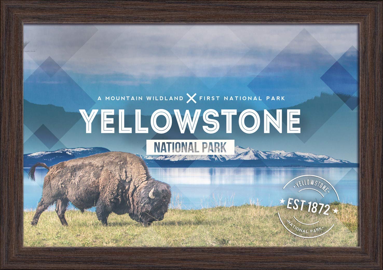 Yellowstone National Park Bison Rubber Stamp - 12x18 Giclee Fine Art Print with Recycled Wood Frame in Espresso Brown - Perfect for Home Decor, Office Wall Art & National Park Enthusiast Gifts