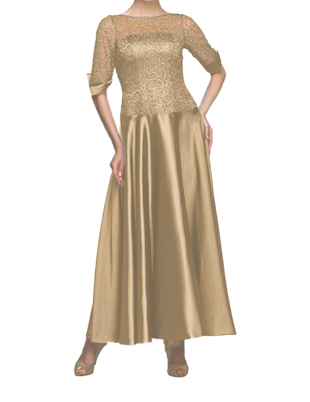 Elegant Tea-Length Mother of The Bride Dress - Long Sleeve Satin Formal Evening Gown for Women | Perfect for Weddings, Receptions & Special Occasions