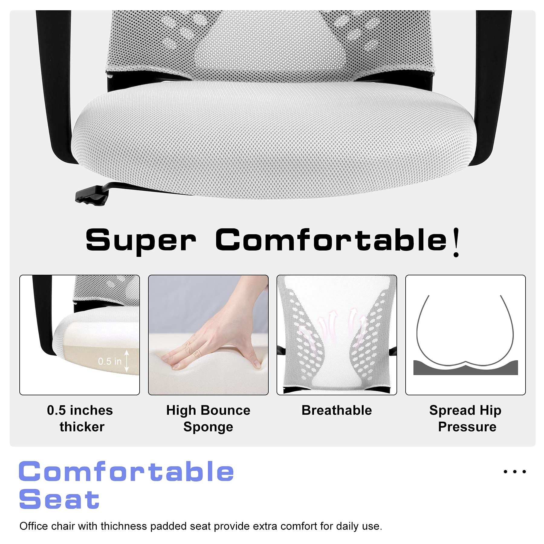 Ergonomic Office Chair with Lumbar Support - Adjustable Height Mesh Computer Desk Chair, Swivel Rolling Task Chair for Home Office & Gaming - Comfortable Mid Back Support & Armrests (White) - Perfect for Long Work Hours, Online Meetings, and Gaming Sessions