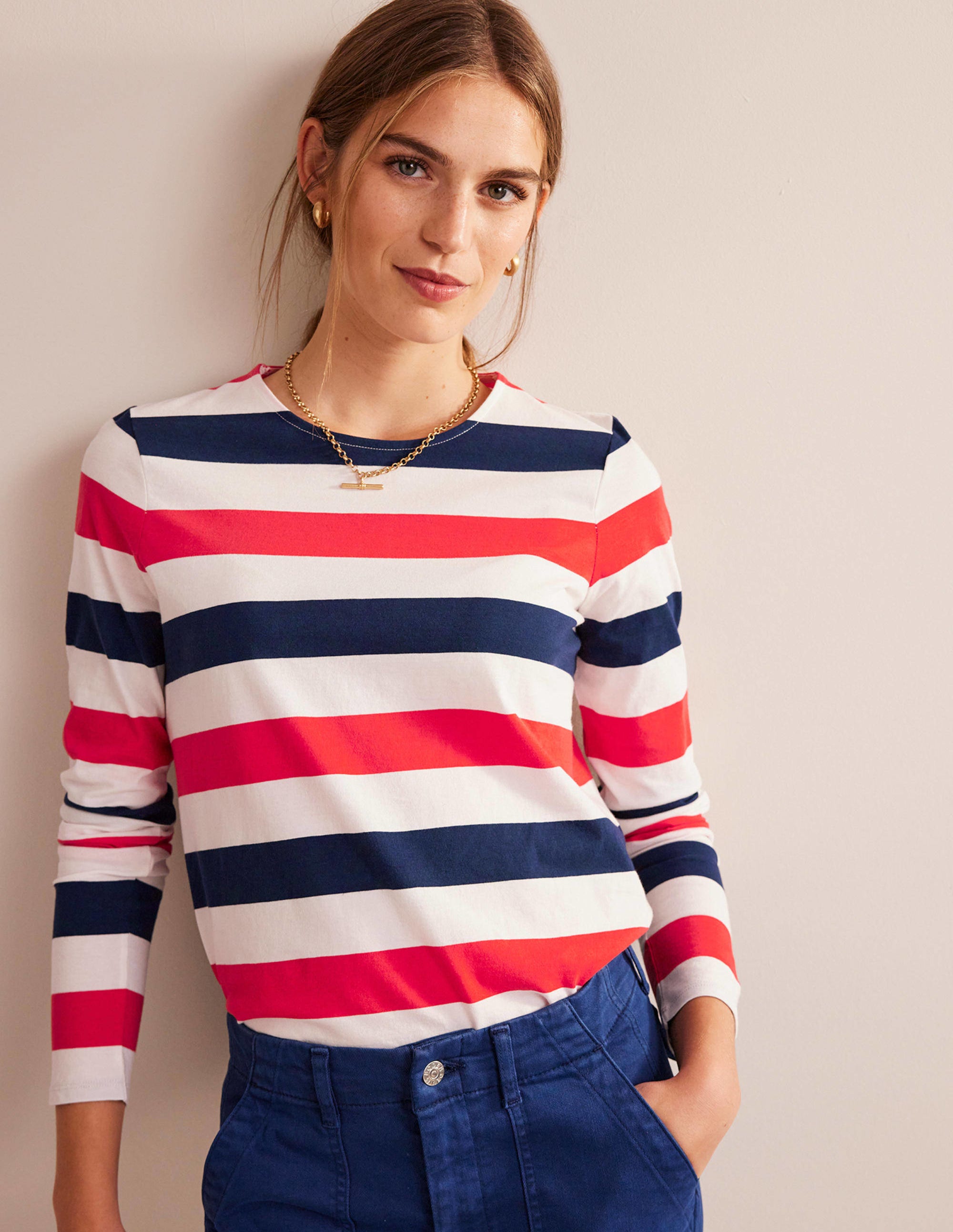 Bea Long Sleeve Breton Stripe Top - Cherry Red & Navy Blue Women's Casual Shirt for Fall & Winter Fashion | Perfect for Office, Date Night & Weekend Outings