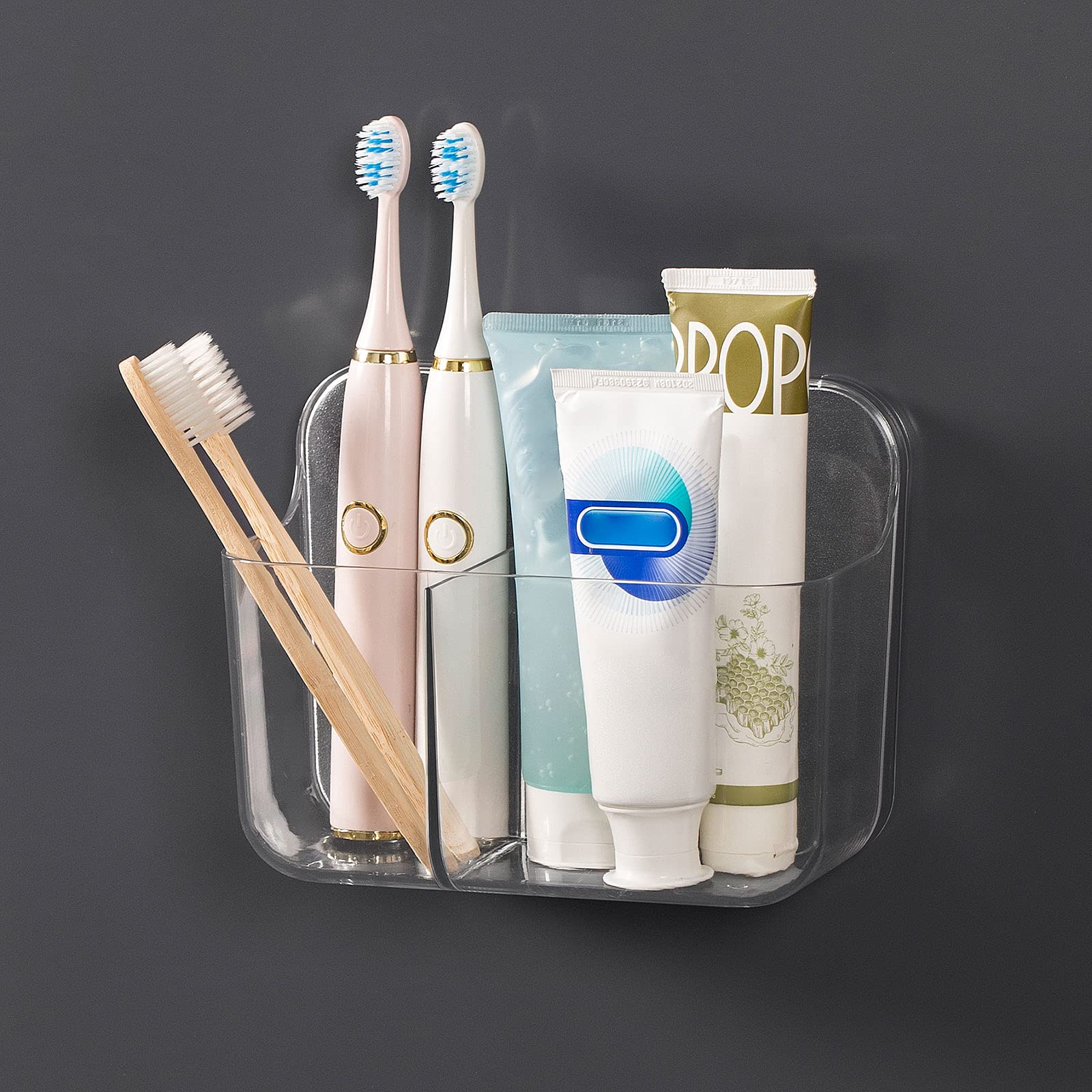 Ettori Toothbrush Holder - 2 Compartment Wall Mounted Bathroom Organizer, No Drill Adhesive Shower Caddy for Toothbrushes & Essentials - Clear Plastic Storage Solution for Bathroom, Kitchen & Small Spaces