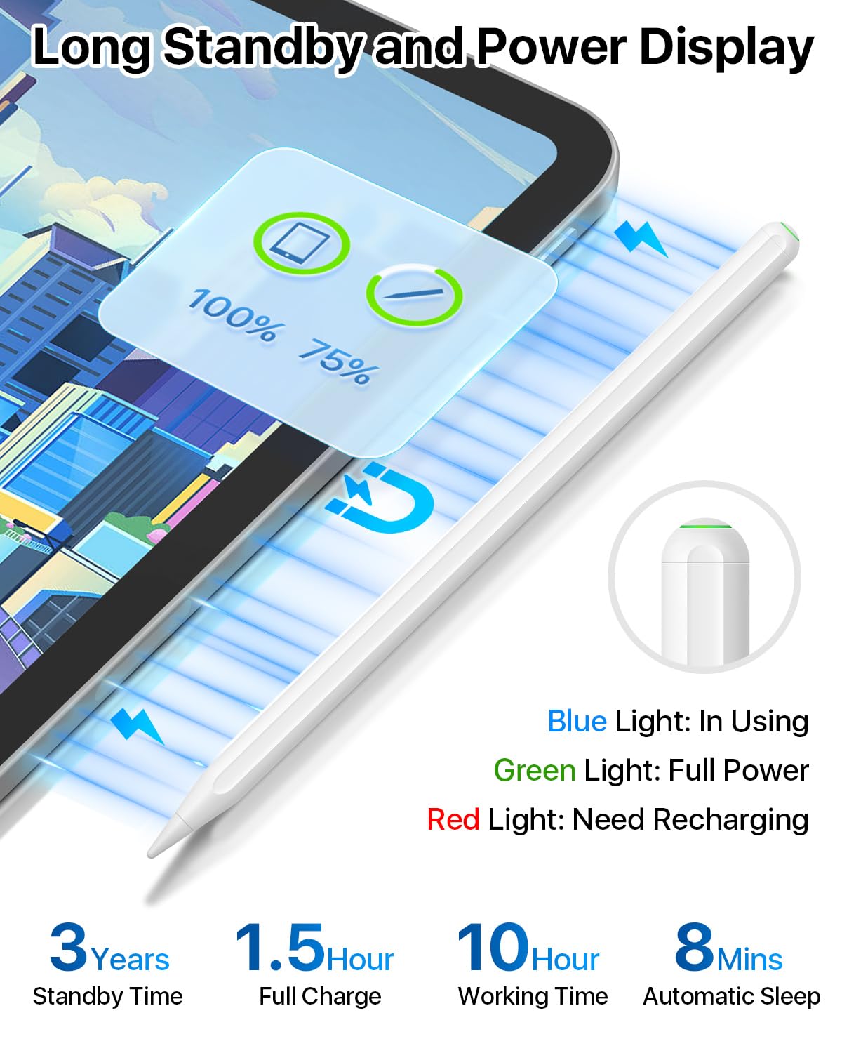Magnetic Wireless Charging Stylus Pen for iPad - Compatible with iPad Pro 11 (1st/2nd/3rd/4th Gen), iPad Pro 12.9 (3rd/4th/5th/6th Gen), iPad Air 4/5, iPad Mini 6 - Perfect for Drawing, Note Taking & Digital Art