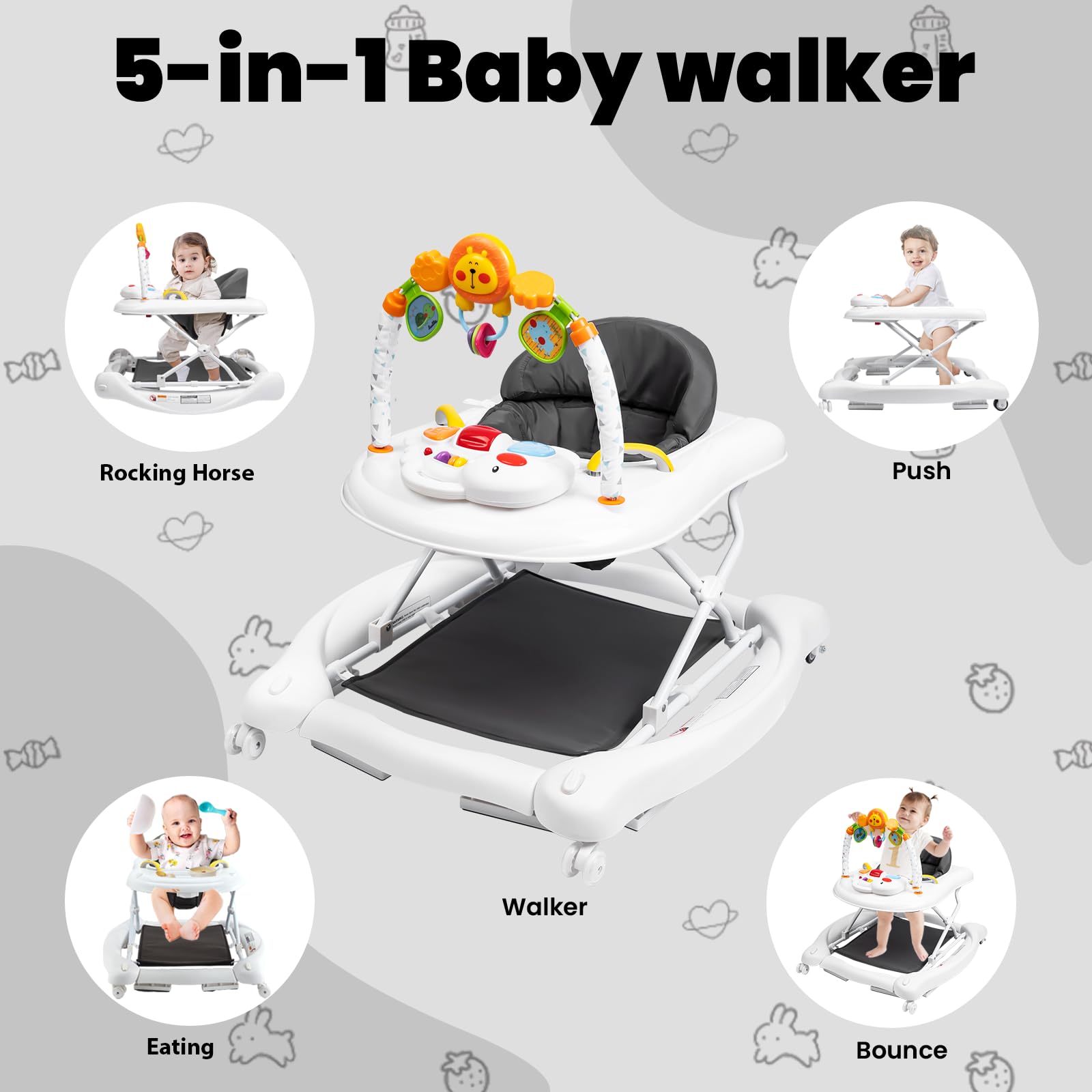 5-in-1 Baby Walker for Boys & Girls 6-18 Months | Foldable Activity Walker with Adjustable Height, Removable Footrest & Feeding Tray | Toddler Walker with Bouncer & Music | Perfect for Learning to Walk, Playtime & Mealtime at Home