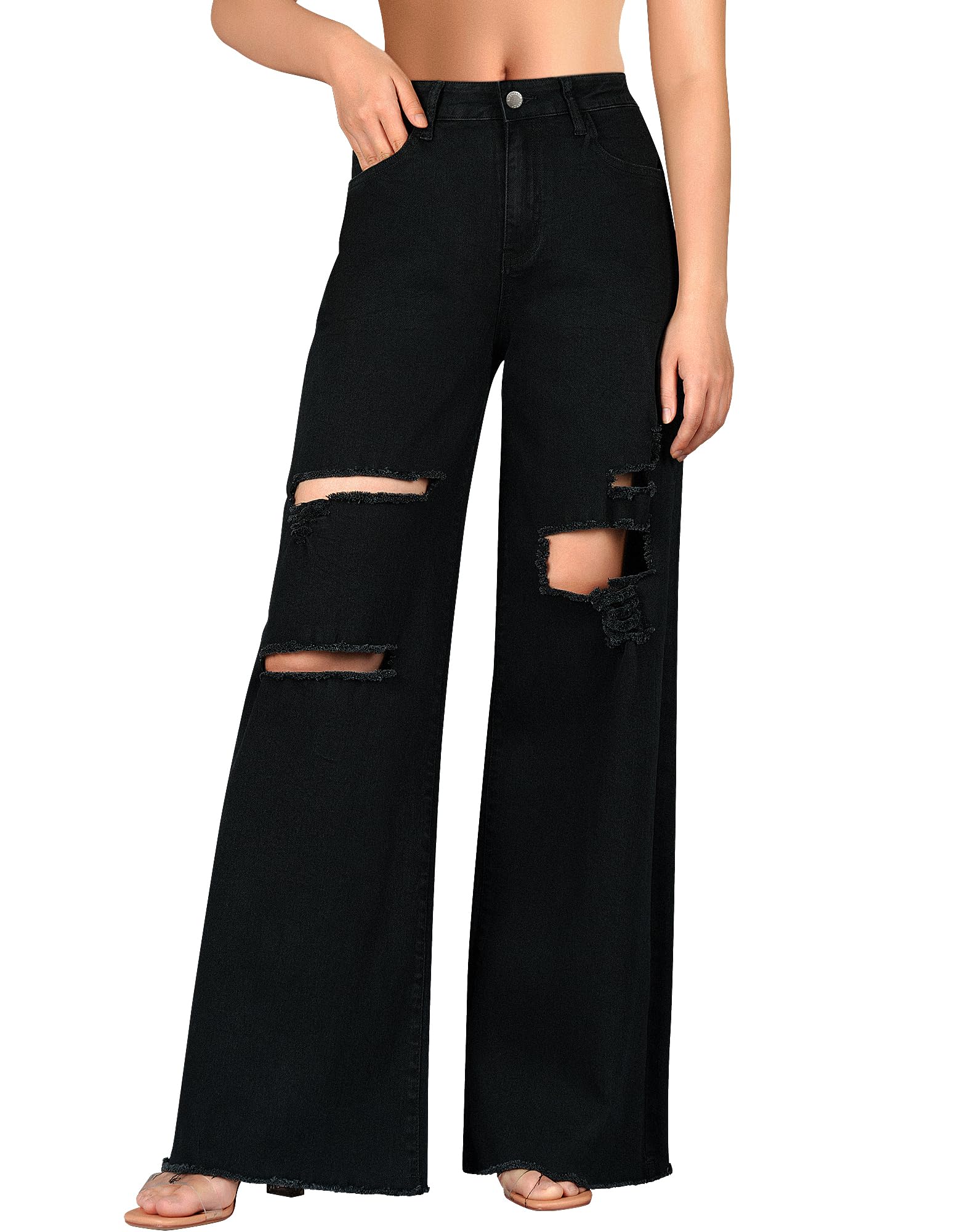 Roswear Women's High Waist Stretch Ripped Boyfriend Jeans - Loose Fit Baggy Denim Pants with Distressed Details (Style 6087) | Perfect for Casual Outfits, Streetwear & Everyday Comfort