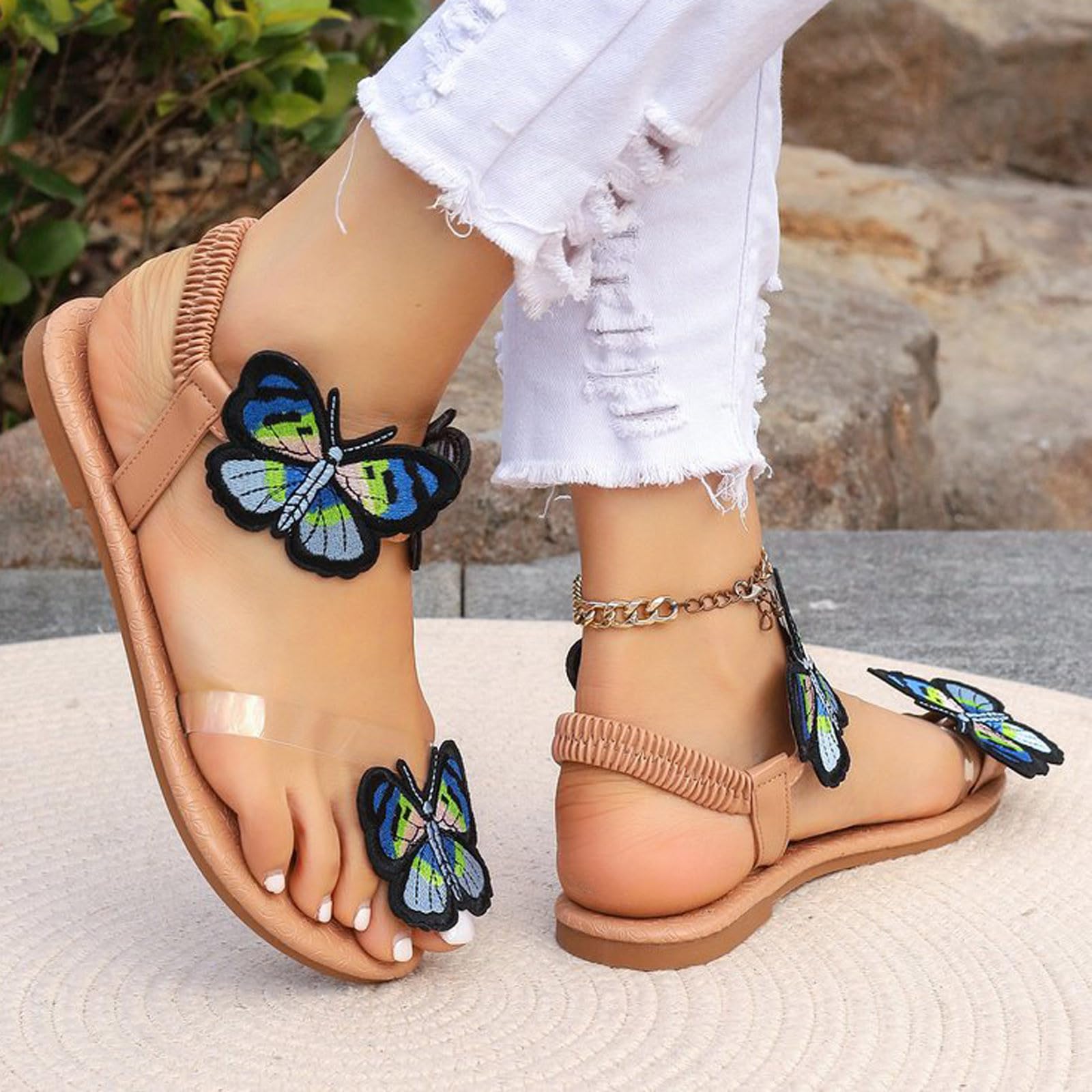 2024 Women's Oversized Flat Sandals with Butterfly Embroidery - Comfortable Beach Shoes for Summer, Walking, and Outdoor Activities