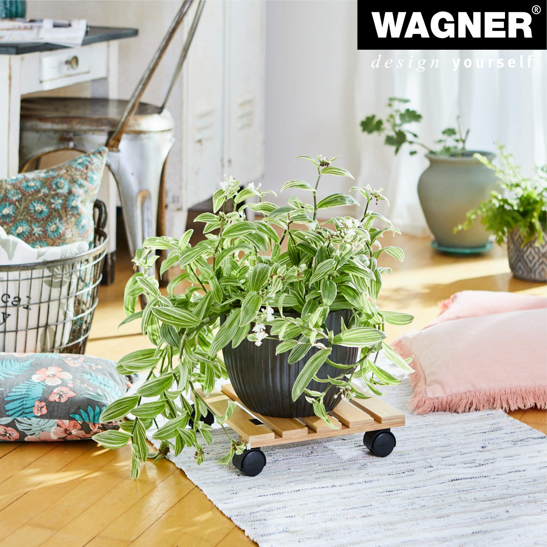 WAGNER Bamboo Plant Caddy with Wheels - 11.42 x 11.42 x 2.76 Inch Indoor Flower Stand - 220 lbs Capacity Wooden Plant Mover for Potted Plants, Home Decor, and Garden Use