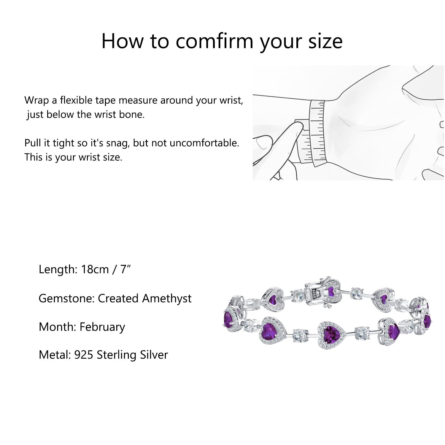 Birthstone Tennis Bracelet for Women - Sterling Silver Heart Charm Bracelet, Fine Jewelry Gift for Mom, Anniversary, Birthday - 18cm | Perfect for Everyday Wear, Special Occasions & Gifting