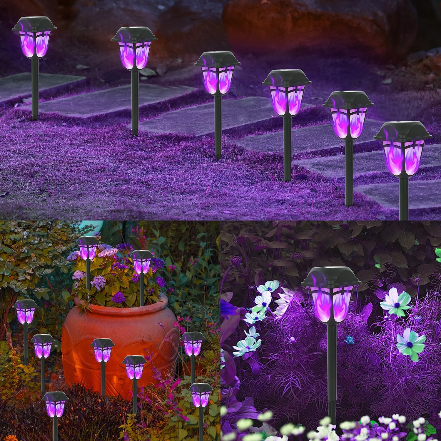 Dynaming Solar Purple Flame Torch Lights - 9 Pack Outdoor Halloween Pathway Lights with Flickering Flame Effect | Solar Powered Auto On/Off Garden & Lawn Decor | Perfect for Halloween Yard, Patio, Walkway & Pathway Lighting