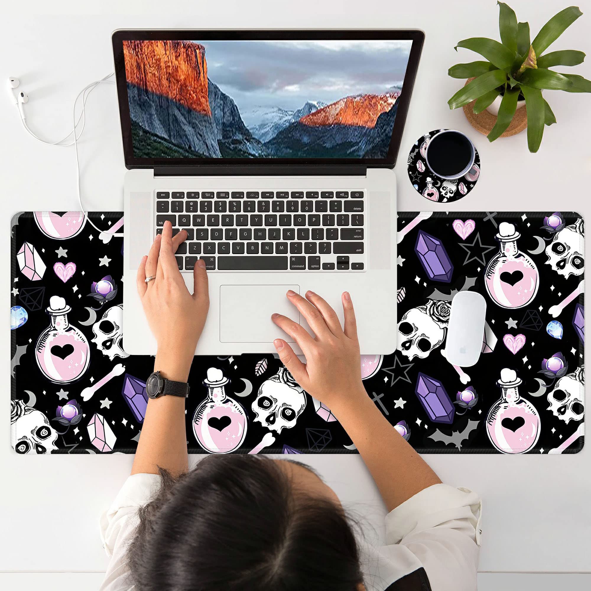 Large Skull Goth Magic Witchy Theme Mouse Pad with Coaster - 35.4x15.7 Inch XXL Gaming Mousepad, Stitched Edges Desk Mat for Office, Home & PC Setup | Perfect for Gaming, Workstations & Aesthetic Desk Decor