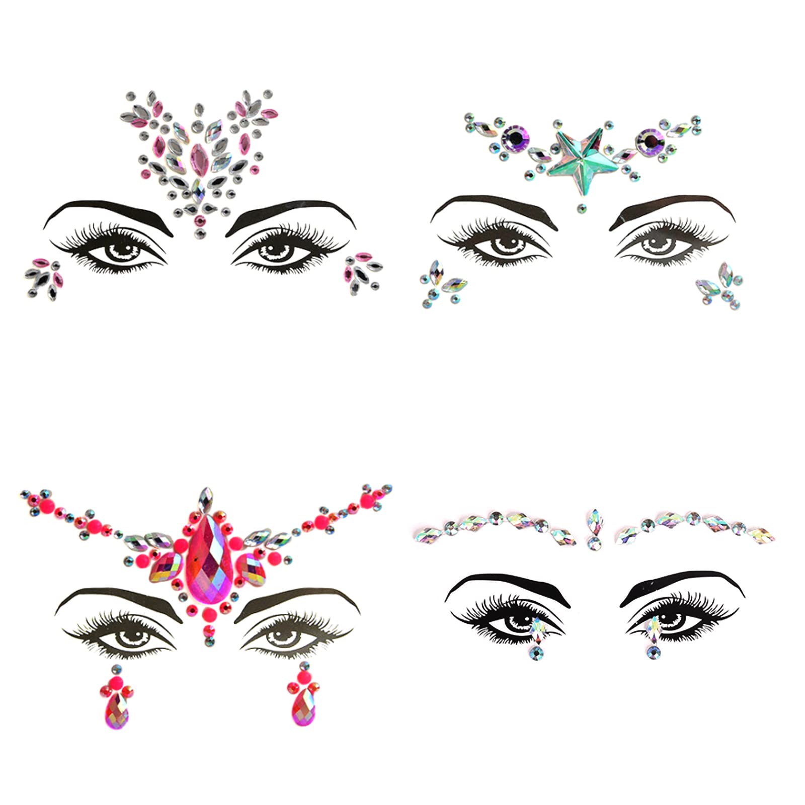 4 Pcs Crystal Face Jewels - Rhinestone Bindi Temporary Tattoos for Women | Festival Party Glitter Makeup Accessories | Perfect for Halloween, Coachella, Raves & Costume Parties