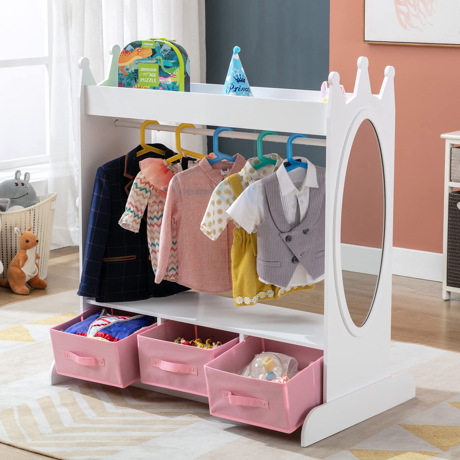 White Kids Armoire Dress-Up Storage with Mirror and Drawers - Costume Wardrobe Closet with Side Pockets & Shoe Shelf for Girls Bedroom - Perfect for Pretend Play, Toy Organization & Kids Room Decor