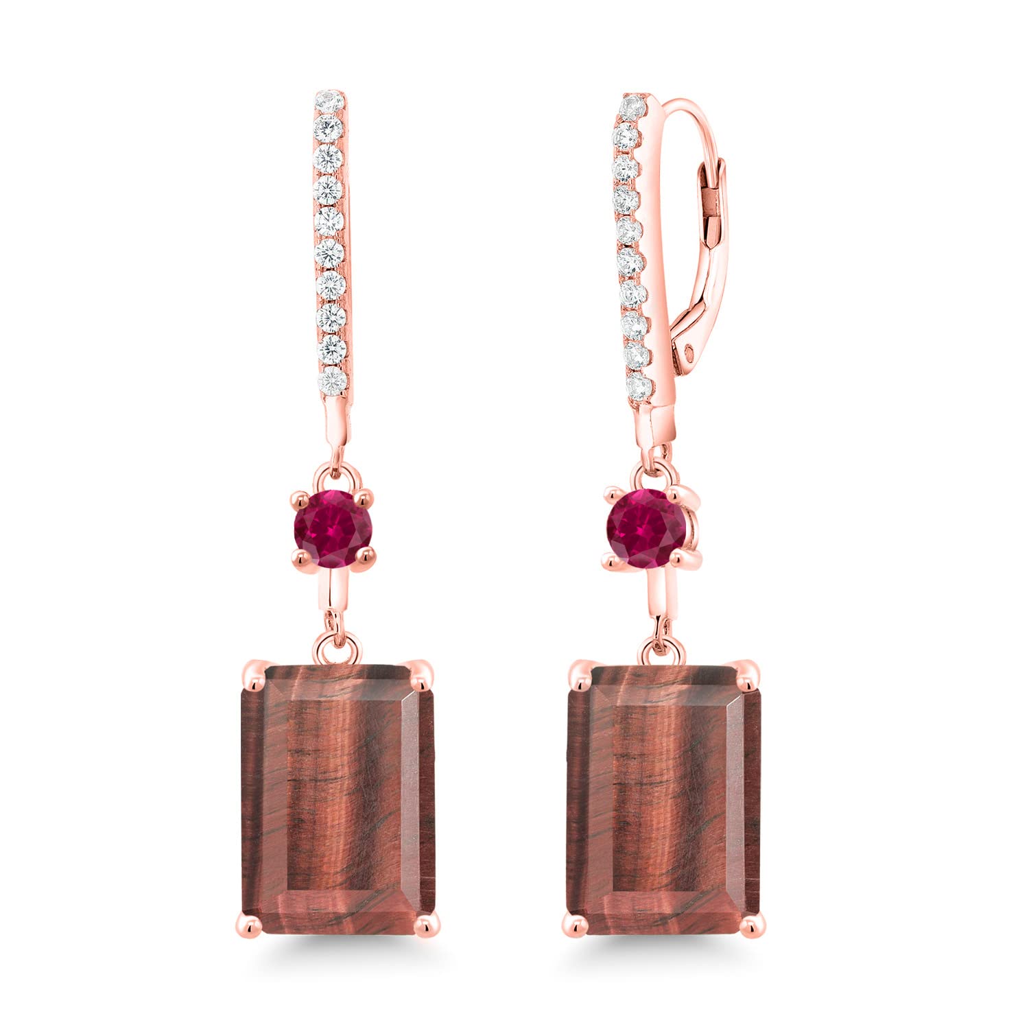 13.80 Ct Red Tiger Eye & Ruby Earrings in 18K Rose Gold Plated Silver | Gem Stone King | Elegant Jewelry for Women, Perfect for Parties, Weddings & Special Occasions