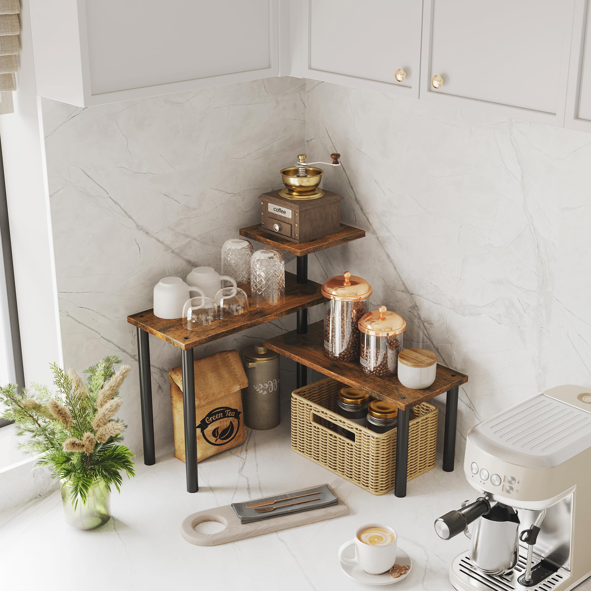 3-Tier Rustic Brown Countertop Organizer Corner Shelf - Adjustable Kitchen & Bathroom Storage for Spices, Coffee, Over Sink - Perfect for Small Space Organization in Pantry, Vanity & Dressing Tables