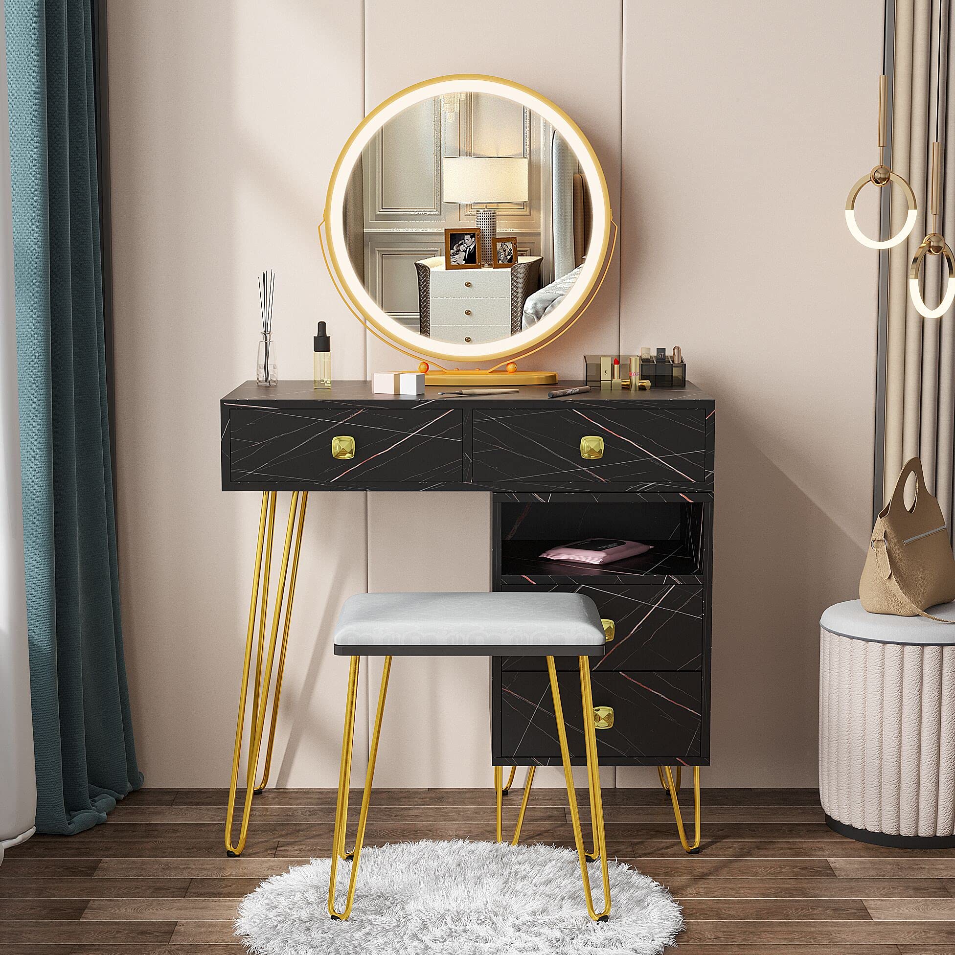 Vintage Vanity Table Set with LED Lighted Mirror & Stool - 3 Color Lighting Modes, 2 Drawers & Removable Storage Cabinet | Modern Makeup Dressing Table Organizer for Bedroom, Bathroom & Dorm Room Decor